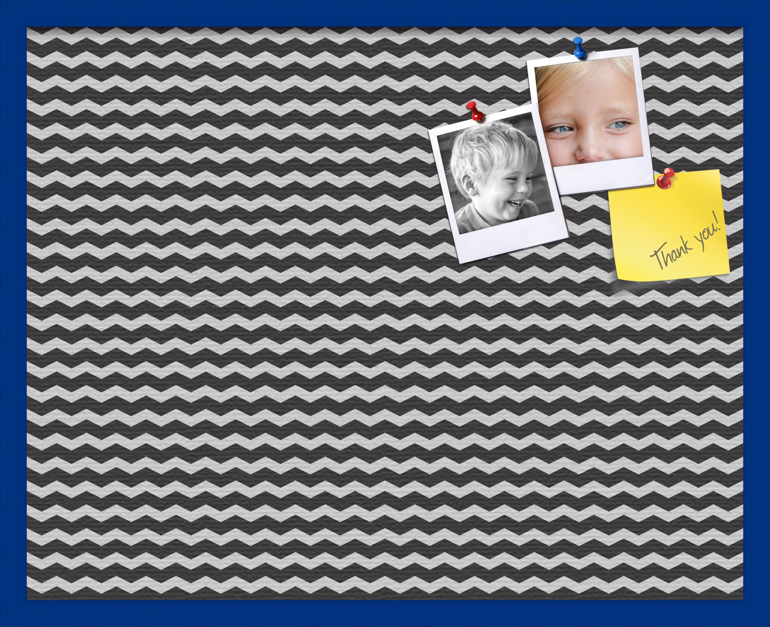 PinPix 30x24 Inch Cork Bulletin Board with Black White Chevron Design & Blue Beech Frame - Decorative Wall Organizer for Home Office, Classroom, or Dorm Room - Perfect for Notes, Photos, and Memos (PinPix-118)