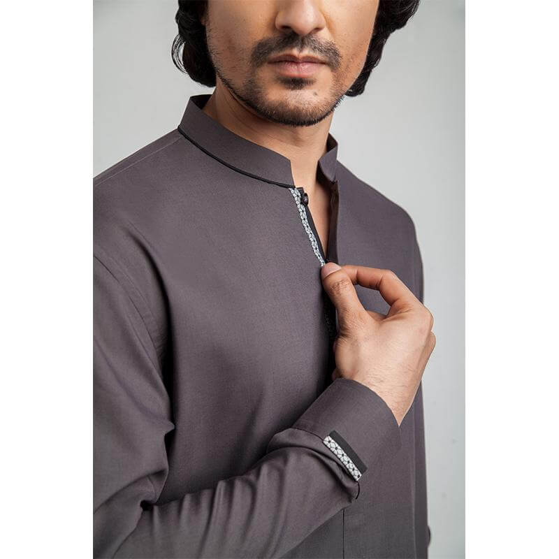 Premium Charcoal Grey Embroidered Edged Collar Shalwar Kameez for Men - Traditional Pakistani Formal Wear for Weddings & Special Occasions