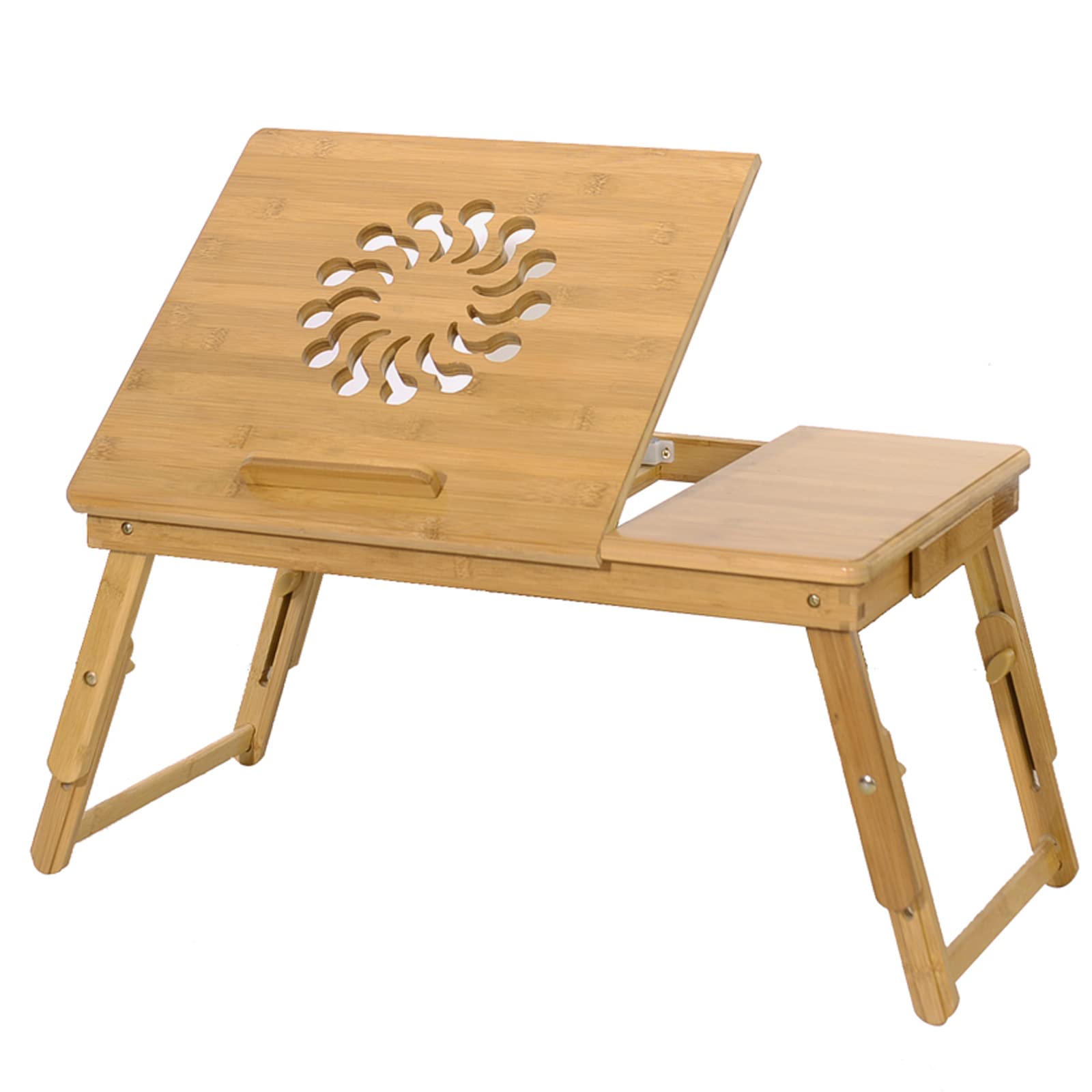 Adjustable Bamboo Laptop Desk Tray with Drawer - Portable Foldable Computer Stand for Bed, Sofa, Car - Retro Design Lap Desk for Working, Eating, Writing (Wood, Sunflower Pattern) - Perfect for Home Office, Remote Work & Travel Use