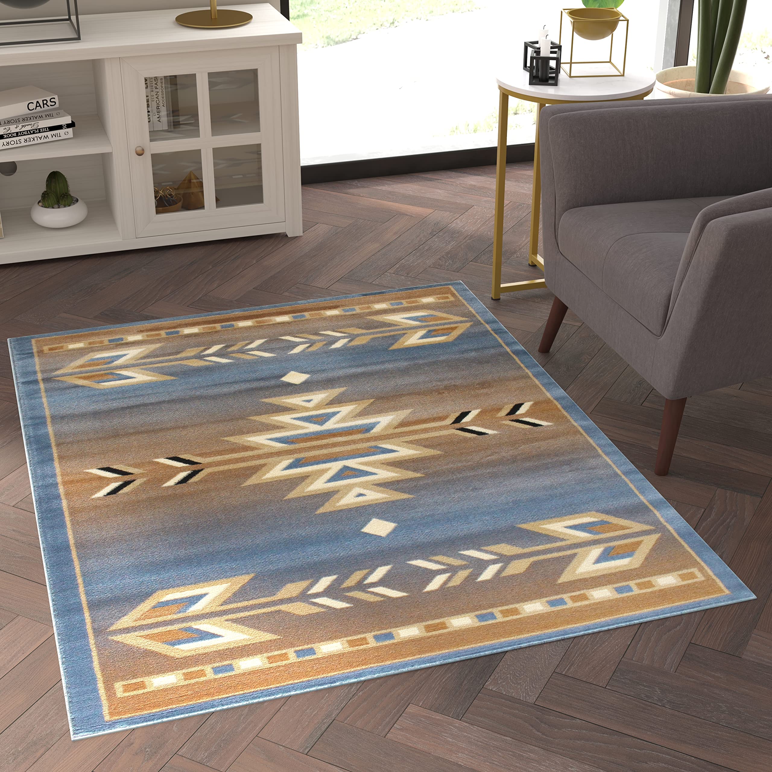 EMMA + OLIVER Reno Olefin Accent Rug 5x7 - Southwestern Geometric Arrow Design in Blue, Black, Beige & Ivory - Moisture & Stain Resistant with Jute Backing - Perfect for Living Room, Bedroom or Office Decor