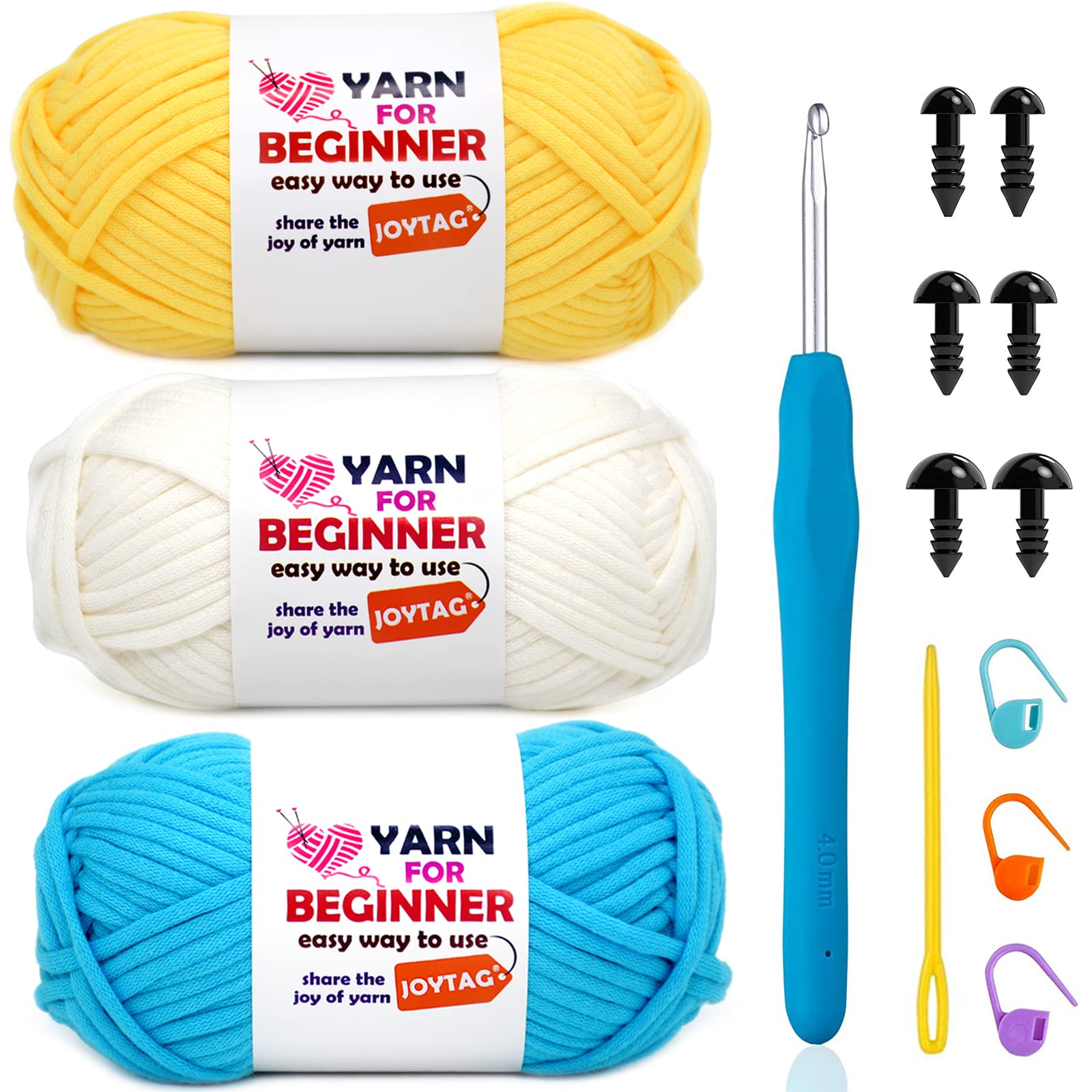 3 Pack Soft Cotton-Nylon Blend Crochet Yarn Kit for Beginners - Yellow, White & Blue (3x50g) | Easy-to-See Stitches for Knitting & Crocheting | Perfect for DIY Crafts, Baby Blankets & Home Decor Projects