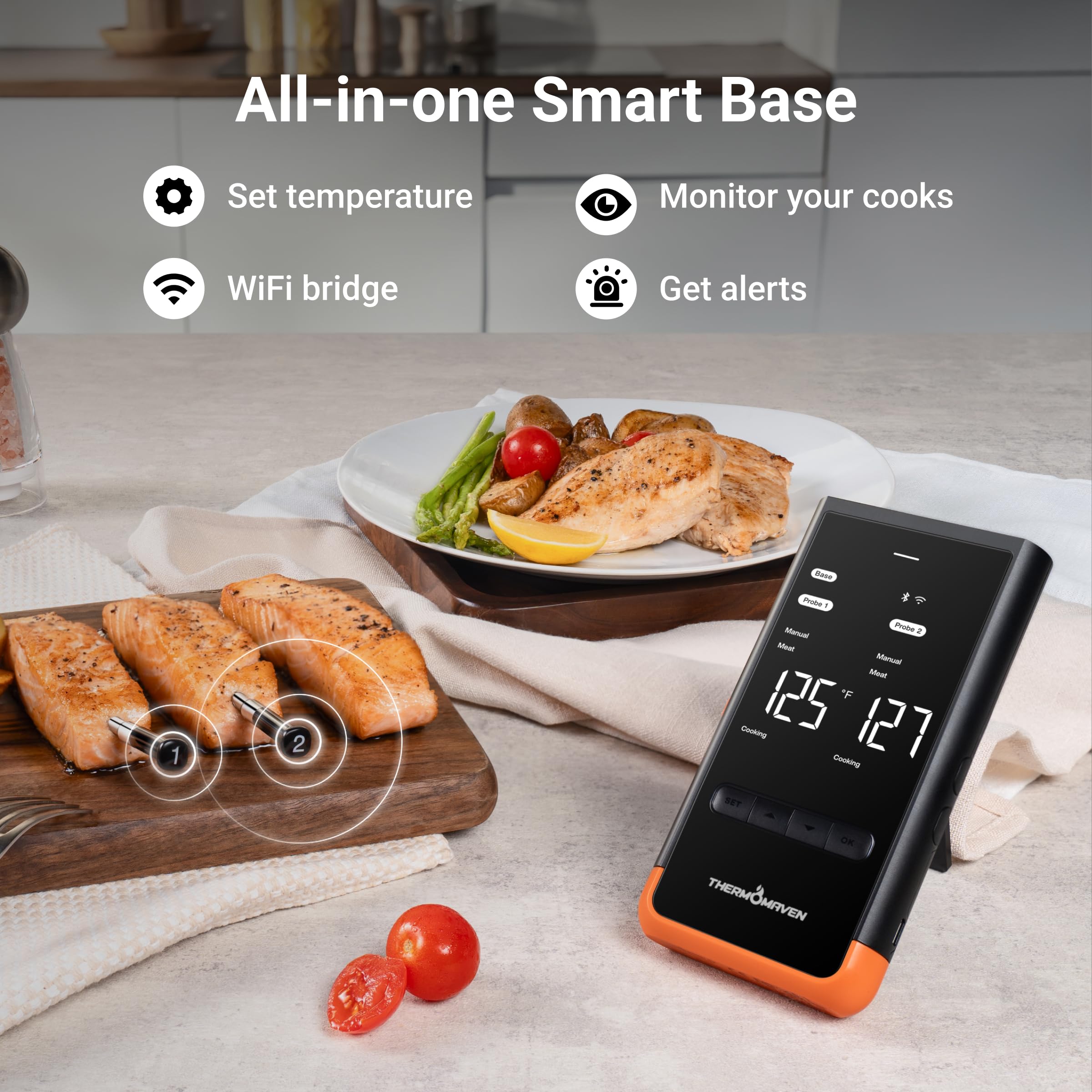 Wireless Bluetooth Smart Meat Thermometer with 6 Sensors - NIST Certified Accuracy, 2 Probes, WiFi & Sub-1G Connectivity for BBQ, Grill, Oven, Smoker, Rotisserie | Perfect for Outdoor Cooking, Home Kitchen & Professional Chefs