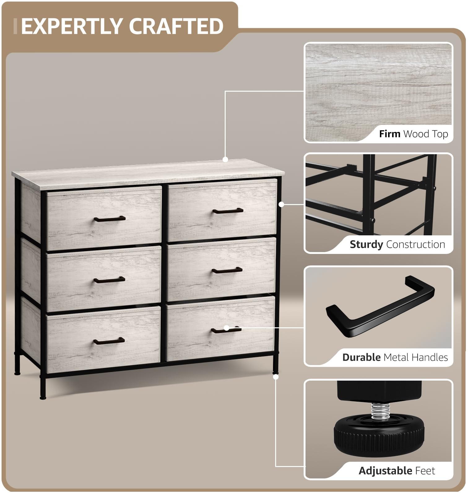 Sorbus 6-Drawer Dresser Organizer - Sturdy Steel Frame with Faux Wood Top & Easy-Pull Fabric Bins for Clothes Storage - Perfect for Bedroom, Hallway, Living Room & Closet Organization (Ideal for Small Spaces & Home Decor)