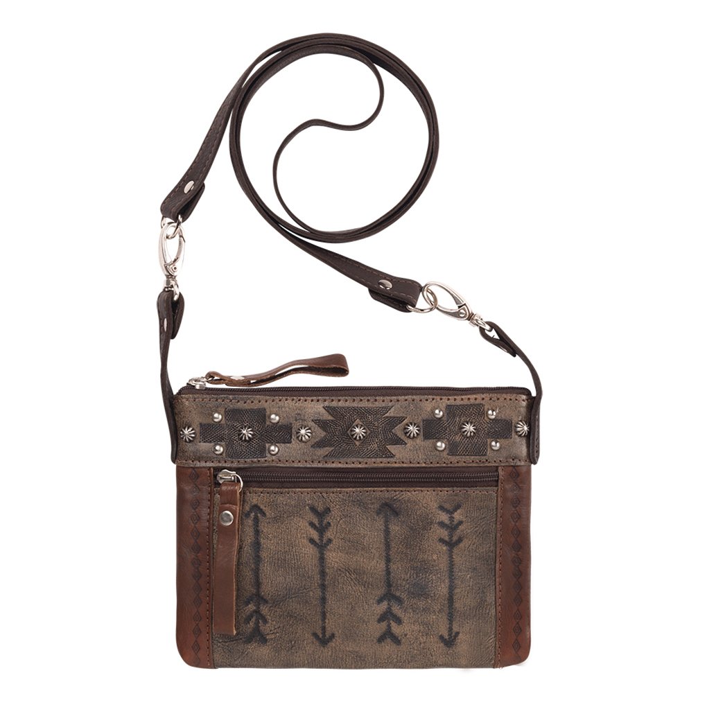 American West Trail Rider 8in Distressed Charcoal Brown Leather Crossbody Bag for Women | Vintage Cowboy Style Purse | Perfect for Travel, Hiking & Western Fashion Outfits