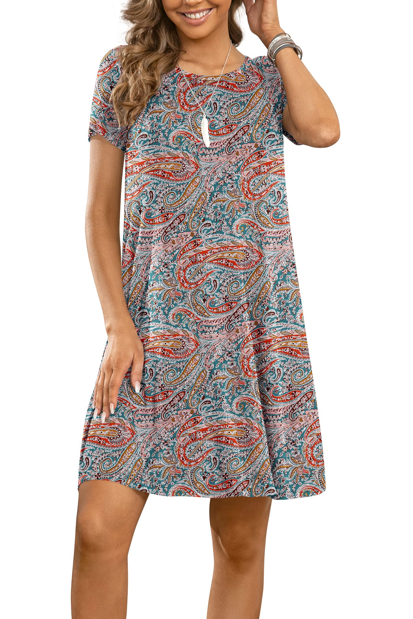 DUSDIMON Women's Summer Casual T-Shirt Dress - Short Sleeve Loose Fit Beach Cover Up, Perfect for Vacation, Poolside, and Everyday Wear