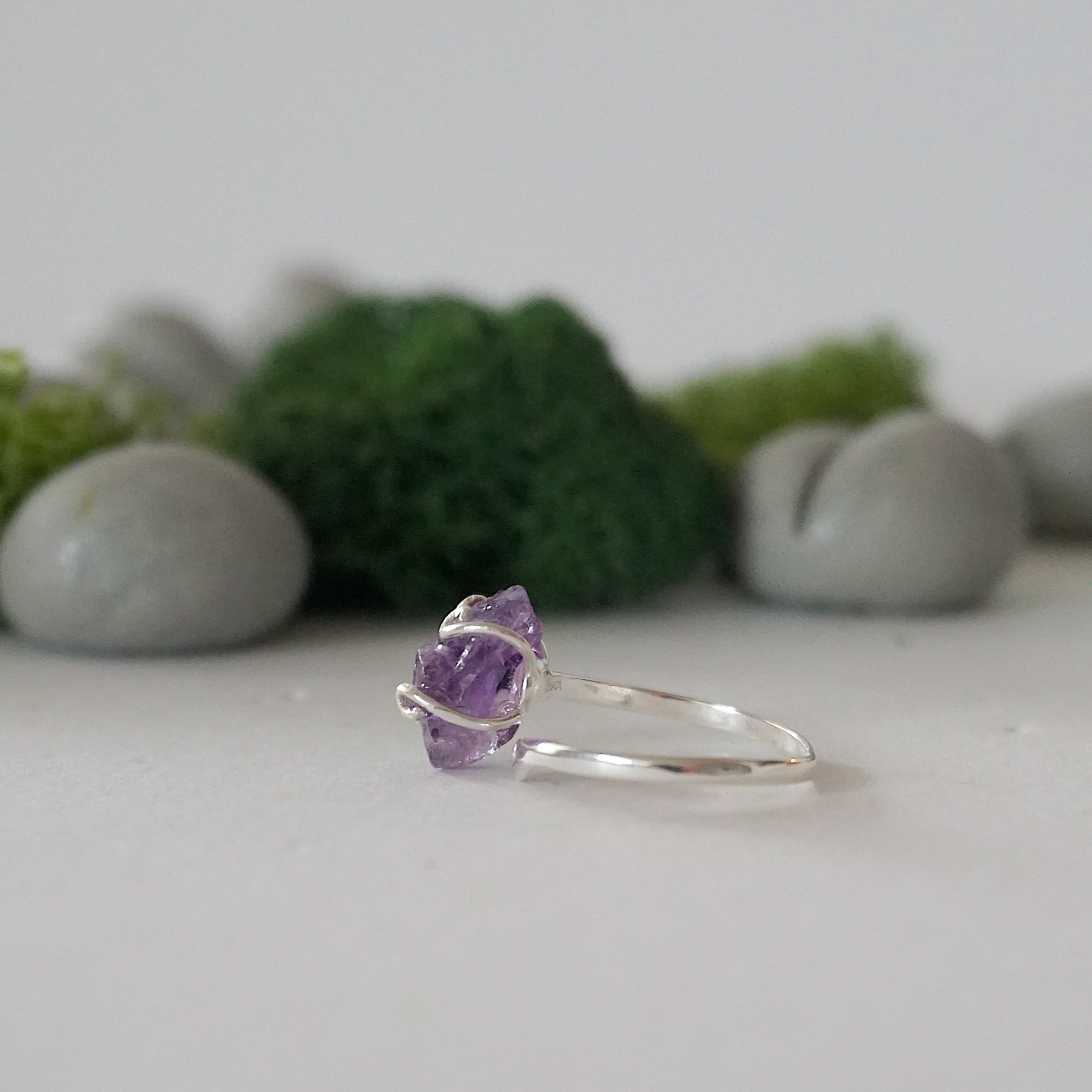 Natural Raw Amethyst Adjustable Ring - 925 Sterling Silver Jewelry for Women - Boho Chic Gift for Her, Meditation & Spiritual Healing Accessory