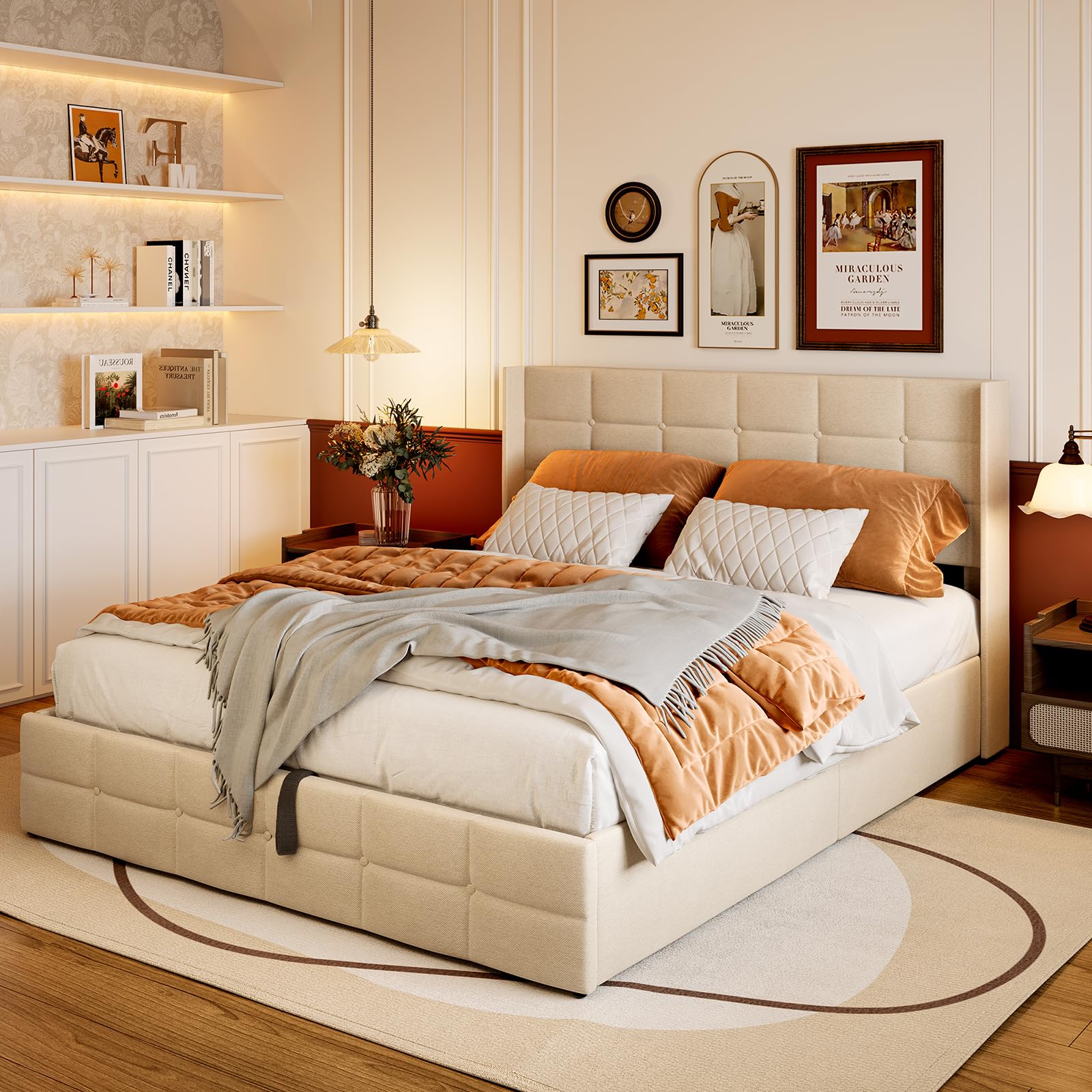 Gizoon Queen Size Upholstered Platform Bed Frame with Lift Up Hydraulic Storage, Wingback Headboard & Wooden Slats - No Box Spring Needed, Beige - Perfect for Small Bedrooms & Modern Home Decor