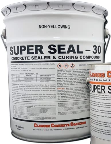 Clemons SuperSeal 30 High-Gloss Clear Concrete Sealer - 5 Gallon Bucket for Driveways, Patios & Garage Floors - Waterproof & UV-Resistant Protection
