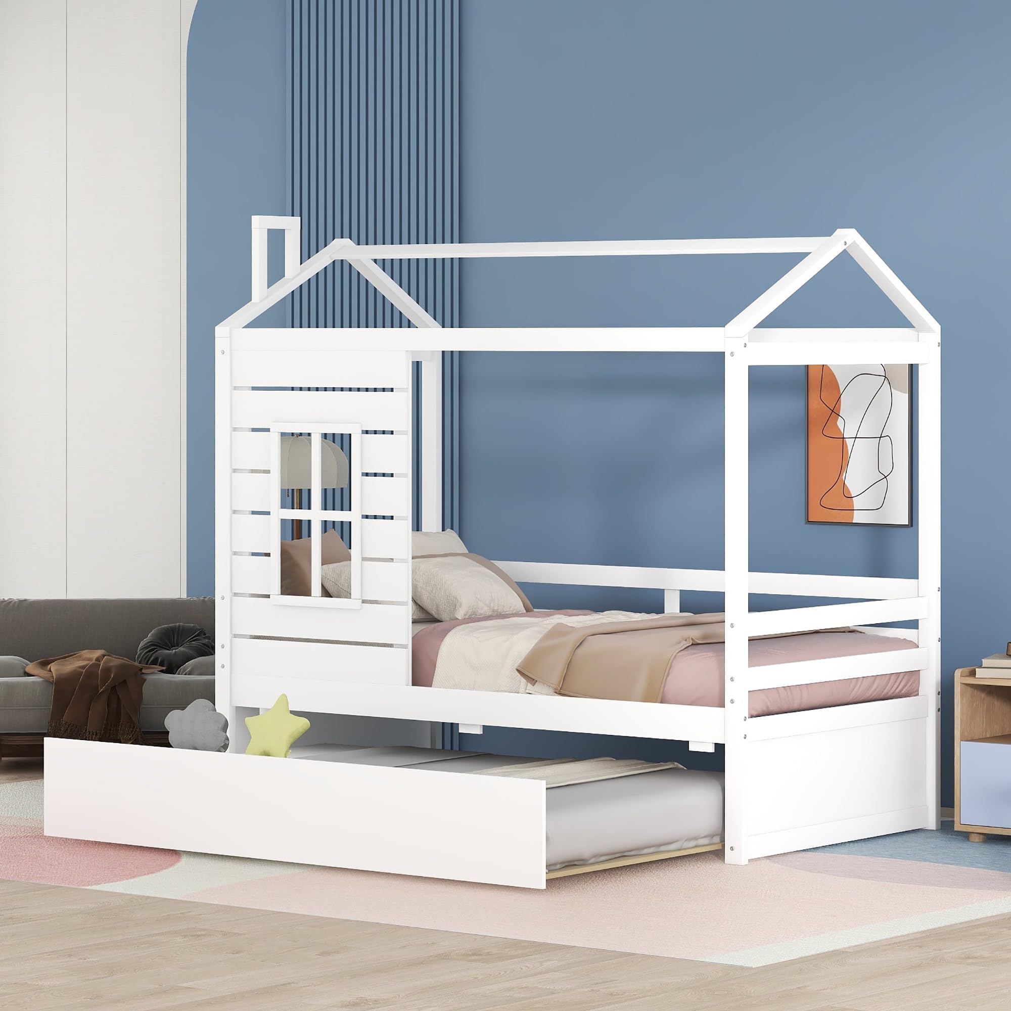 **White Twin Size House Bed with Trundle - Wooden Toddler Daybed for Kids & Girls - Perfect for Bedrooms, Playrooms & Beach Houses**