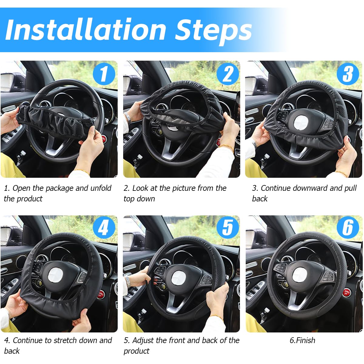 Premium Universal 15 Inch Car Steering Wheel Cover - Anti-Slip Microfiber PU Leather with Elastic Design & Stylish Stitching | Perfect for Men & Women | Enhances Grip & Protects Steering Wheel (Black/Blue) | Ideal for Daily Commutes, Road Trips & All-Season Driving Comfort