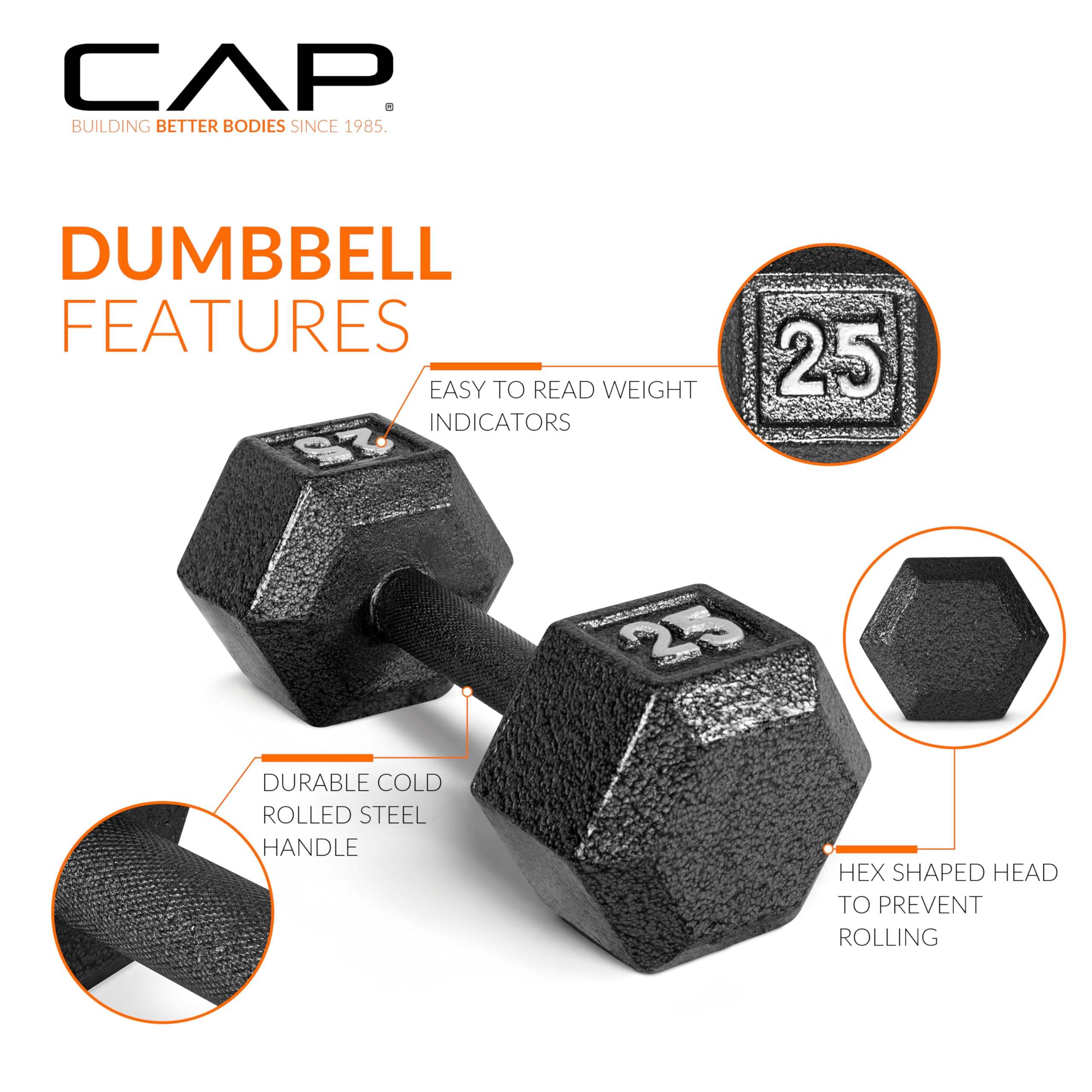 CAP Barbell Cast Iron Hex Dumbbell Set - 5-50 lbs Weight Options for Home Gym, Strength Training & Workouts | Durable Fitness Equipment for Men & Women