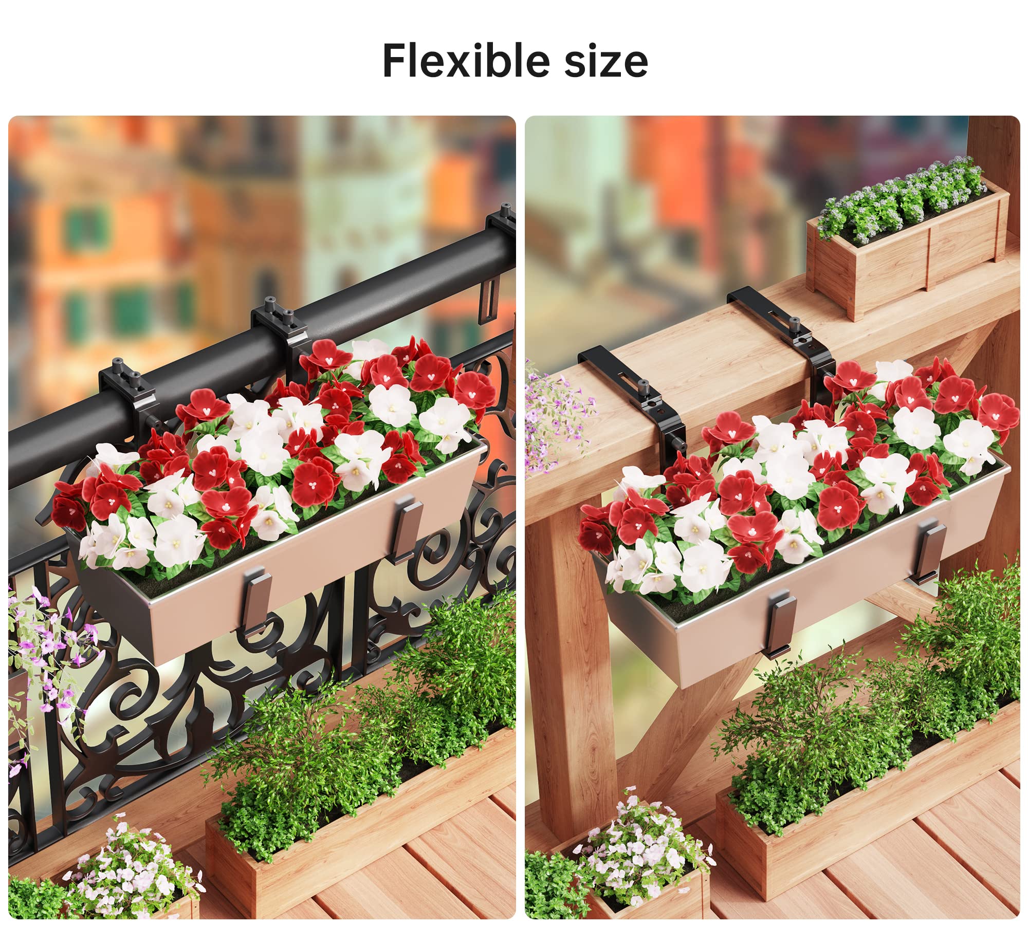 Y&M 4-Pack Adjustable Deck Railing Planter Box Brackets (6-12.5 Inch) - Heavy Duty Iron Window Box Hooks for Balcony, Fence, Patio & Garden - Black | Perfect for Hanging Flower Boxes on Railings, Walls & Outdoor Spaces
