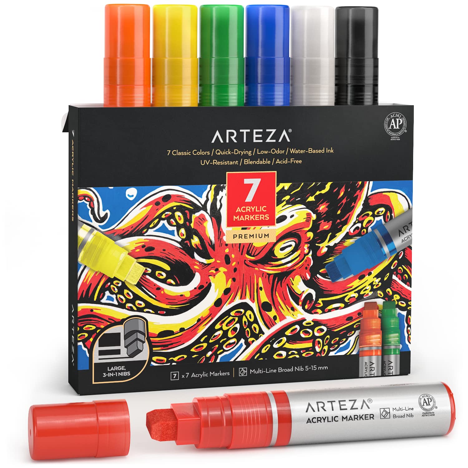 Arteza Acrylic Paint Markers - 7 Vibrant Classic Color Paint Pens with 3-in-1 Multi-Line Nibs (5-15mm), UV-Resistant Art Supplies for Canvas Painting, Glass, Plastic, Rocks - Perfect for DIY Crafts, Home Decor & Gift Customization