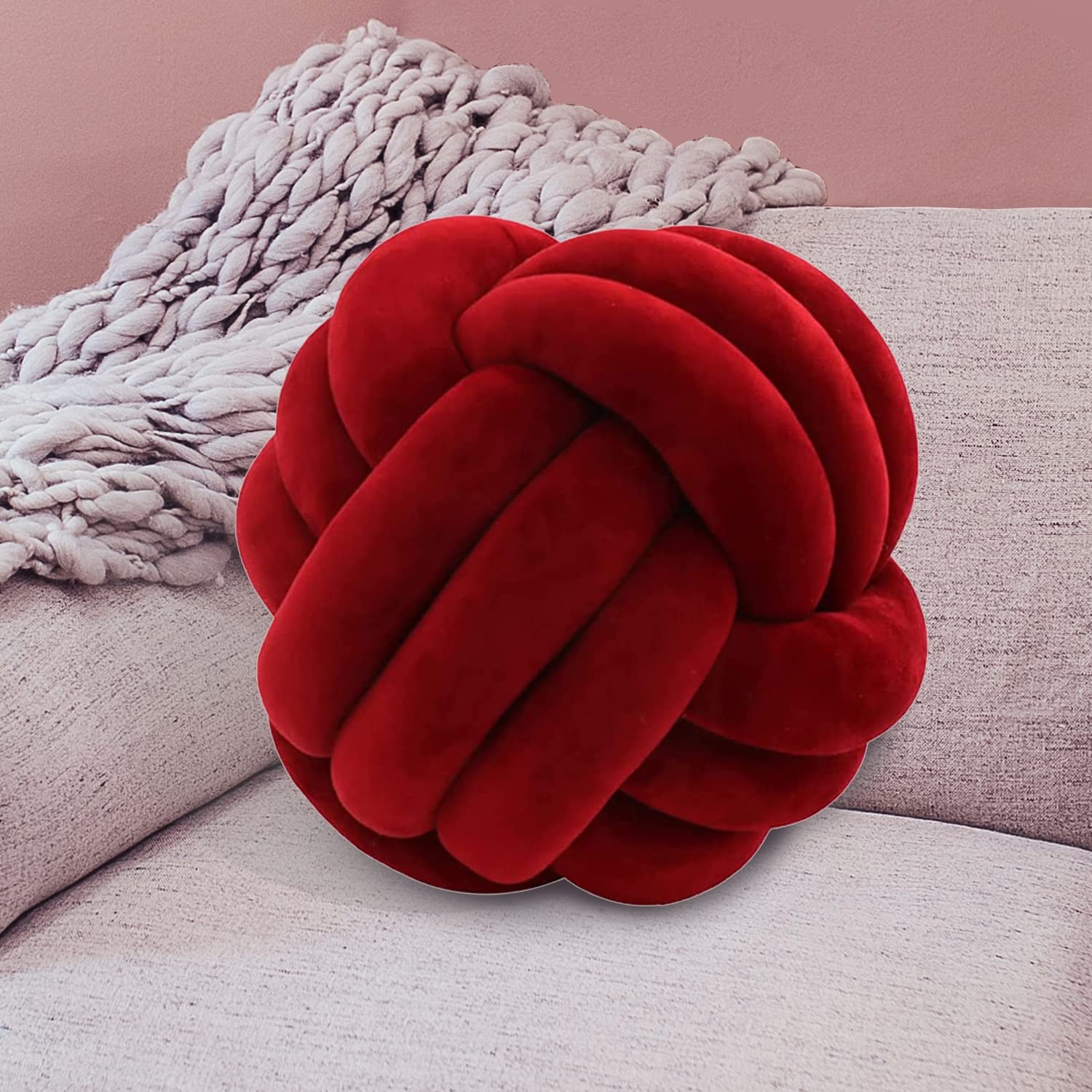 Aoruisen 14-inch Soft Knotted Plush Throw Pillow - Handmade Round Knot Ball Pillow for Sofa, Bed, Couch & Nursery Decor (Wine Red) - Cozy Home Decoration & Comfortable Support for Lounging, Reading & Relaxation