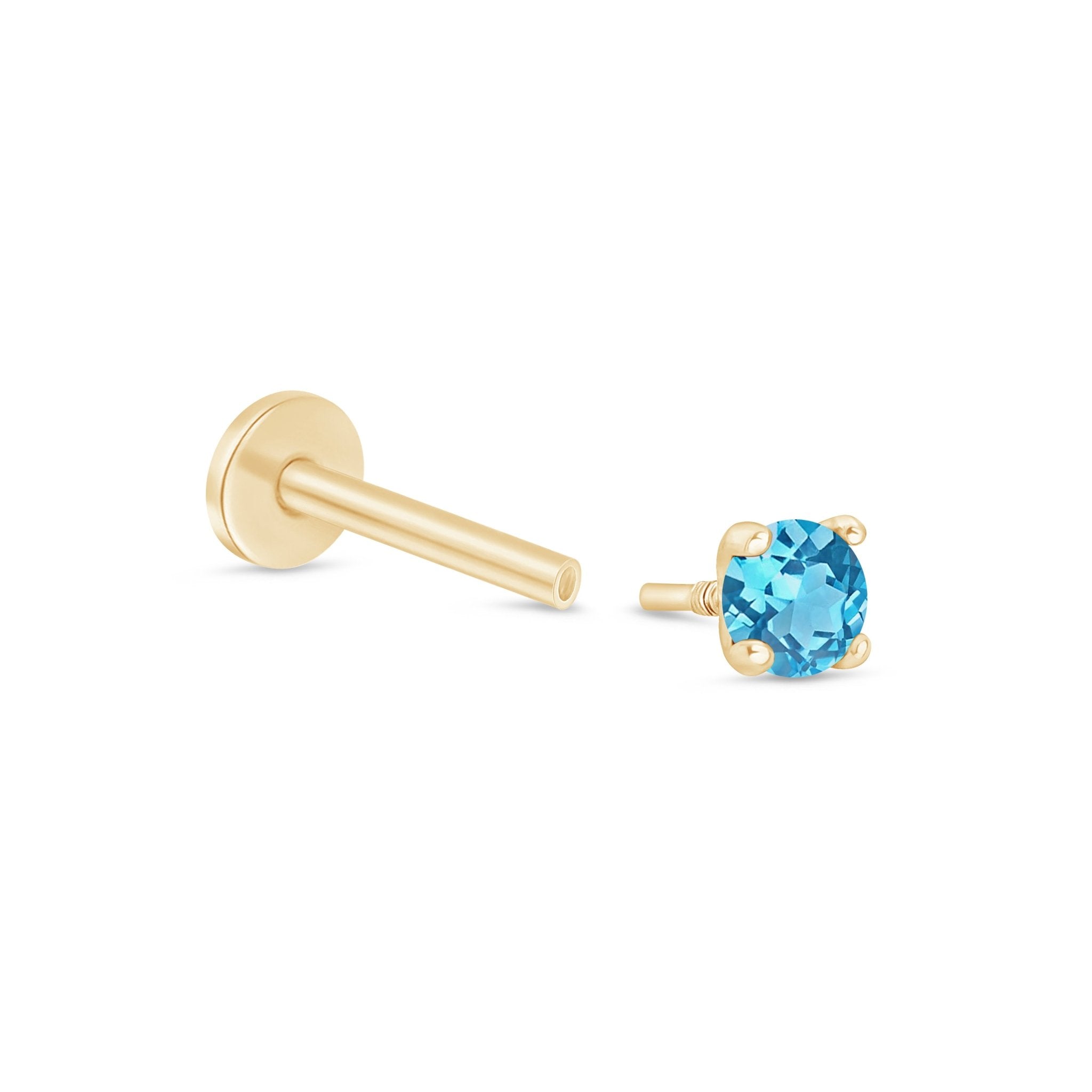 14k Yellow Gold Blue Topaz Cartilage Flat Back Stud Earrings - Perfect for Daily Wear, Gifts & Special Occasions