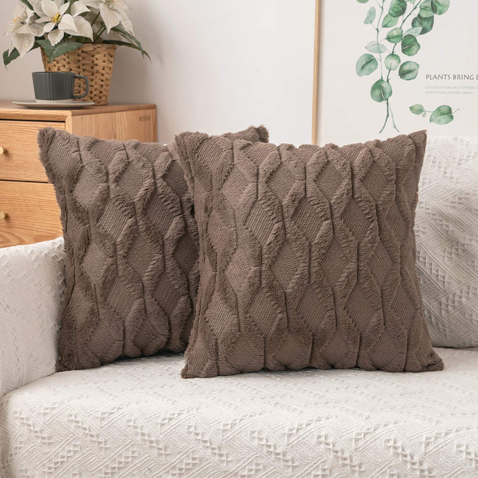 MIULEE Chocolate Throw Pillow Covers 20x20 Set of 2 - Soft Plush Farmhouse Decorative Pillow Cases for Couch, Sofa, Bedroom & Living Room - Boho Shells Design - Perfect for Cozy Home Decor, Reading Nook & Relaxation