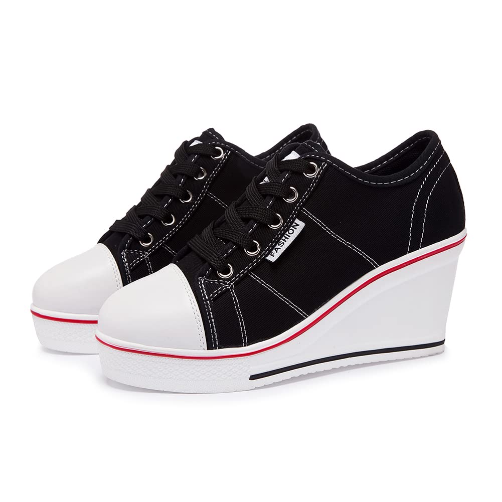 **Mei MACLEOD Women's High Heel Wedge Sneakers – Casual Canvas Lace-Up Shoes for College & High School Students – Perfect for Campus, Work & Everyday Wear**