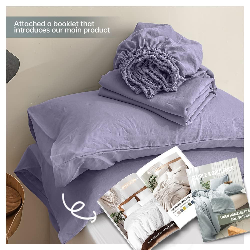 Premium 100% French Linen Sheet Set King Size 4-Piece - Natural Breathable Soft Durable All-Season Bedding - Luxury Lilac Bed Sheets for Master Bedroom & Guest Room Comfort