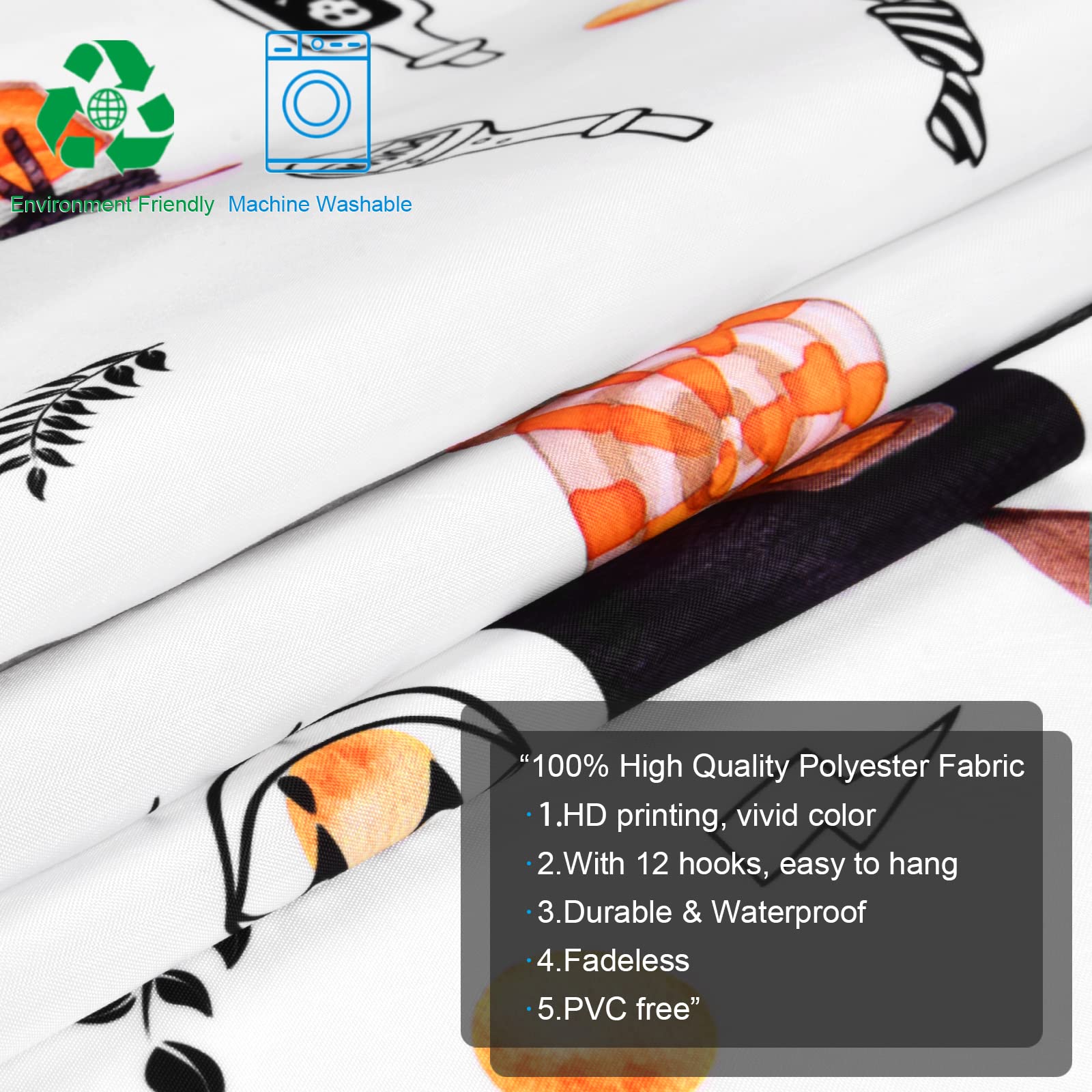 Halloween Pumpkin Shower Curtain with Black Cat Design - Cute Cartoon Witch & Spider Web Bathroom Decor - Includes 12 Hooks - Waterproof Fabric for Spooky Trick or Treat Bathroom Theme - Perfect for Halloween Party Decorations & Seasonal Home Decor