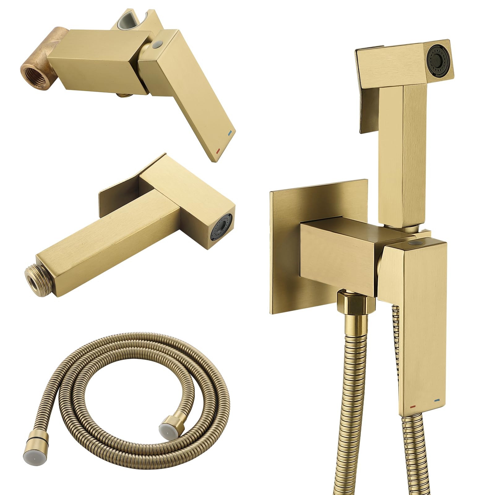 Hot & Cold Brass Bidet Sprayer Faucet for Toilet - Stainless Steel Square Handheld Bidet Attachment with Rough-in Valve (Brushed Gold) - Perfect for Feminine Hygiene, Pet Care & Baby Diaper Washing