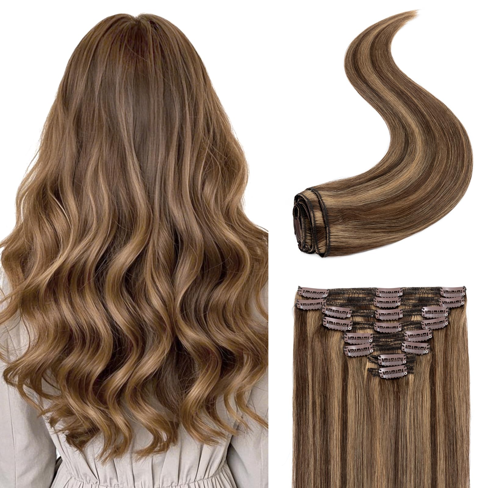 18 Inch Clip in Human Hair Extensions - 8pcs 140g Double Weft Real Human Hair in Medium Brown/Dark Blonde Balayage (#4P27) for Volume & Length - Perfect for Parties, Weddings & Daily Styling