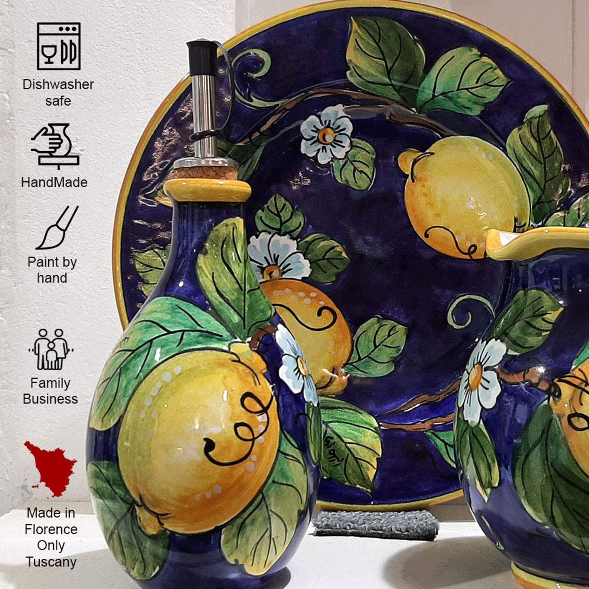 Italian Ceramic Dinnerware Set for 4 - Hand Painted Tuscan Pottery Plates, Bowls & Mugs - Blue Lemon Design - Authentic Made in Italy Home Decor - Perfect for Family Dinners, Entertaining Guests & Kitchen Decor