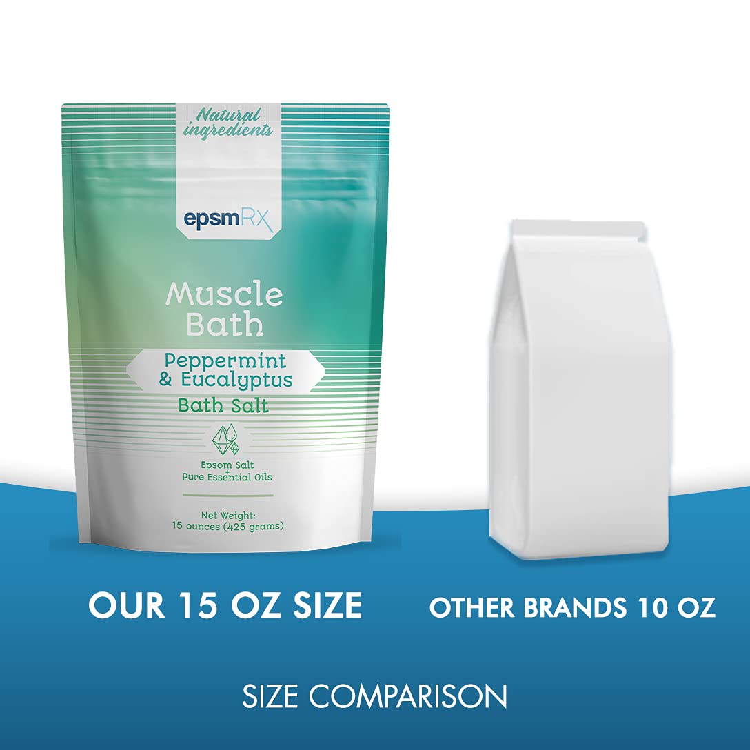 Muscle Relief Bath Salt - 15oz Epsom Salt Soak with Peppermint & Eucalyptus Essential Oils - Relaxing Post-Workout Recovery & Stress Relief Soak for Athletes & Spa Lovers