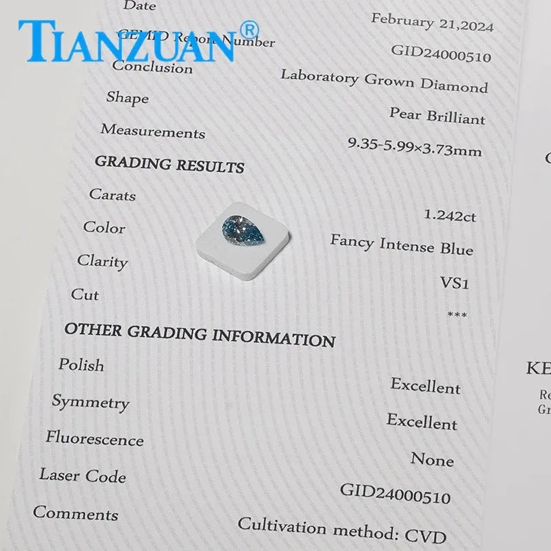 1.24ct VVS1 Lab Grown CVD Diamond - Fancy Intense Blue Pear Shape 2EX Loose Gemstone with GEMID Certification | Perfect for Engagement Rings, Earrings & Custom Jewelry Designs