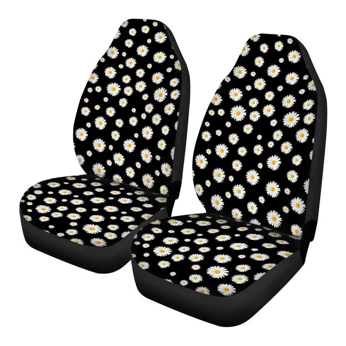Premium Daisy Flower Black Print Universal 2-Piece Front Seat Covers - Durable Bucket Seat Protectors for Car & SUV - Perfect for Road Trips, Daily Commutes & Vehicle Interior Protection