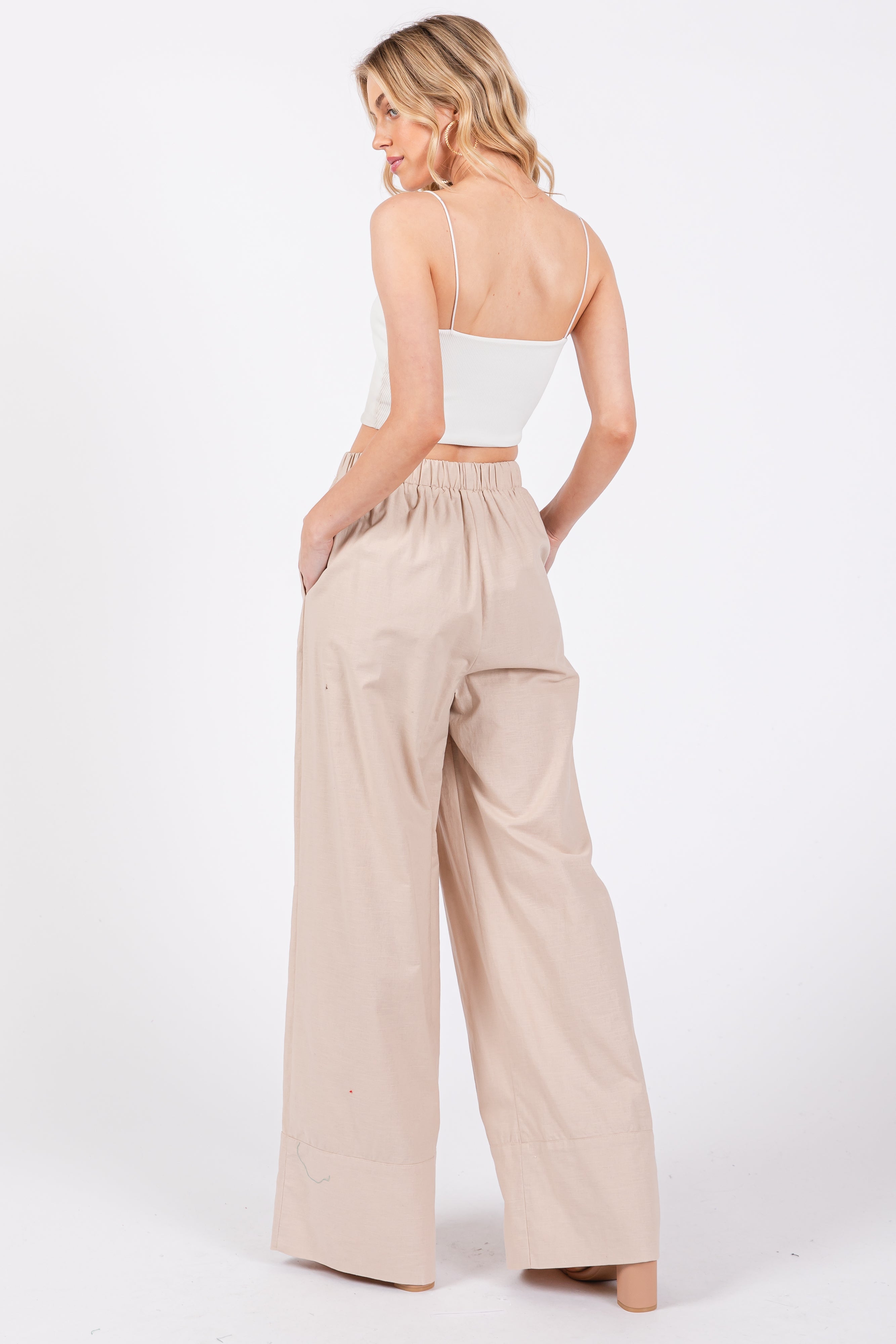 Beige Pleated Drawstring Waist Pants for Women - Comfortable High Waisted Casual Trousers with Elastic Band | Perfect for Office, Travel & Everyday Wear