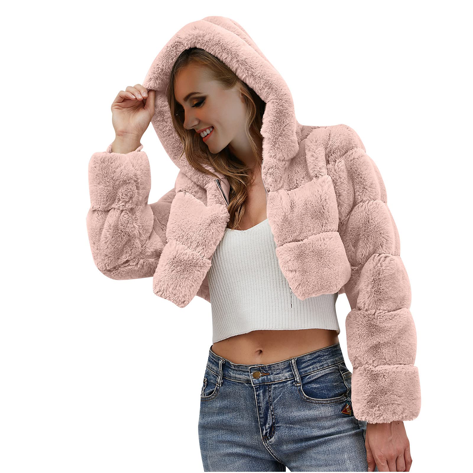 Y2K Cropped Cardigan Coat for Women | Teddy Short Faux Fur Jacket with Hood | Warm Winter Zip-Up Furry Coat | Perfect for Casual Outings & Cold Weather Fashion