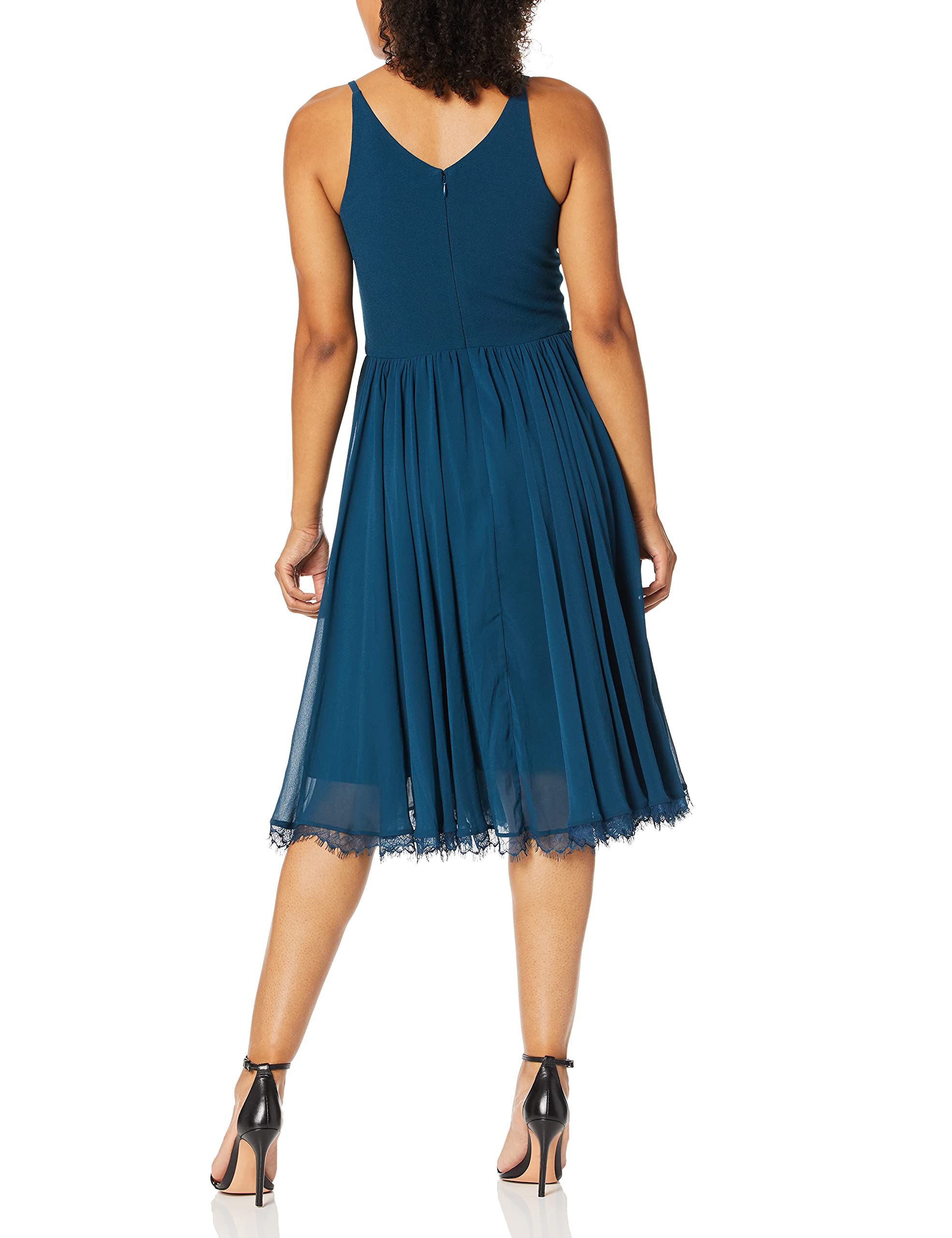 Dress the Population Women's Alicia Plunging V-Neck Sleeveless Fit & Flare Midi Dress - Perfect for Cocktail Parties, Date Nights & Special Occasions