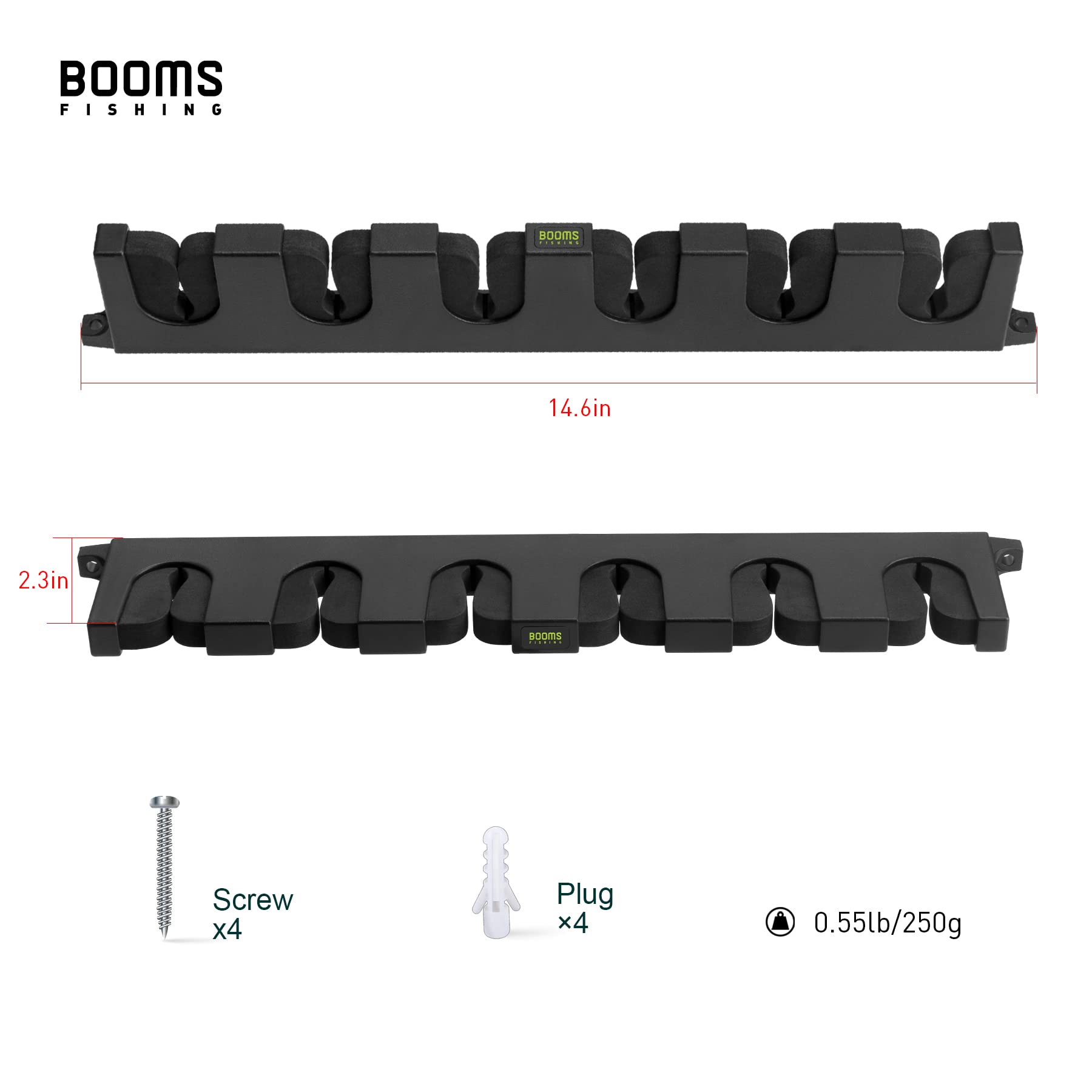 Booms Fishing WV5 Horizontal Fishing Rod Holder - Wall Mounted Garage & Kayak Storage Rack for 6 Rod and Reel Combos (14.6