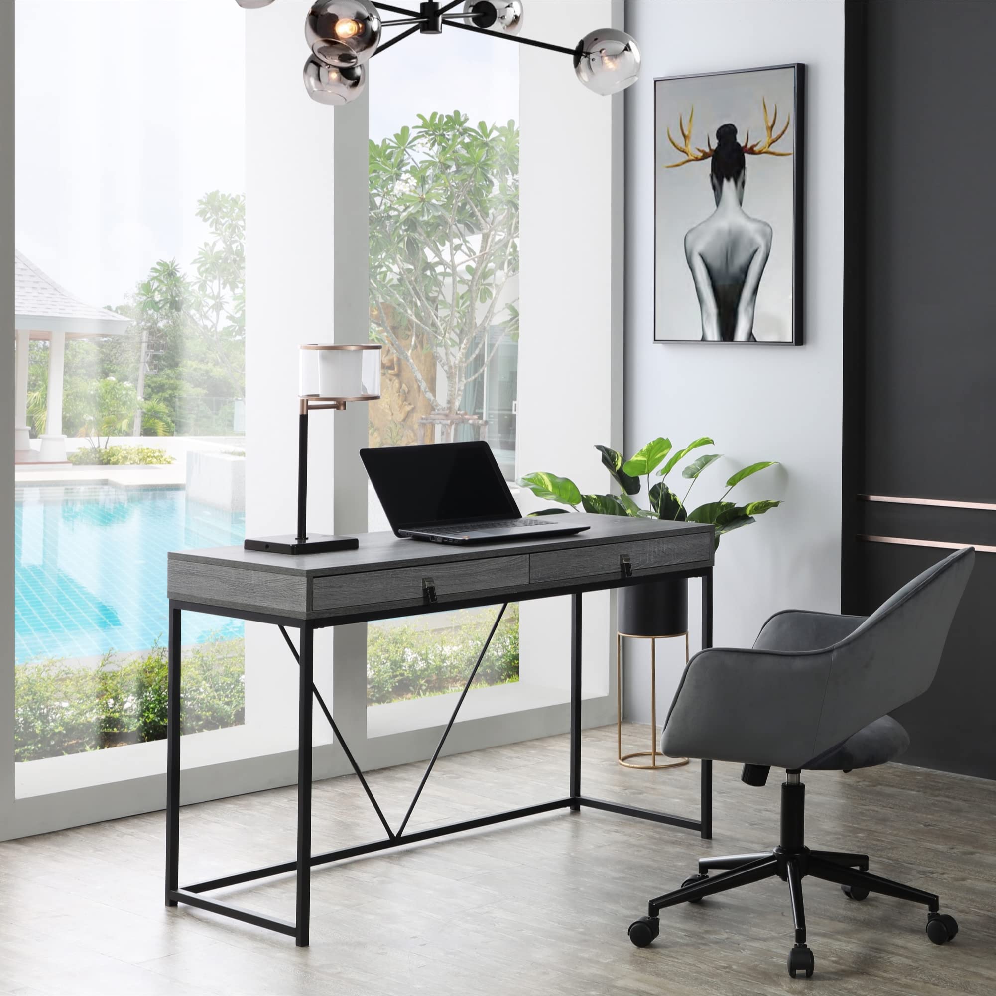 Scarlette Writing Desk with 2 Storage Drawers & Leather Handles - Modern Grey/Black Home Office Desk for Small Spaces, Study & Work from Home