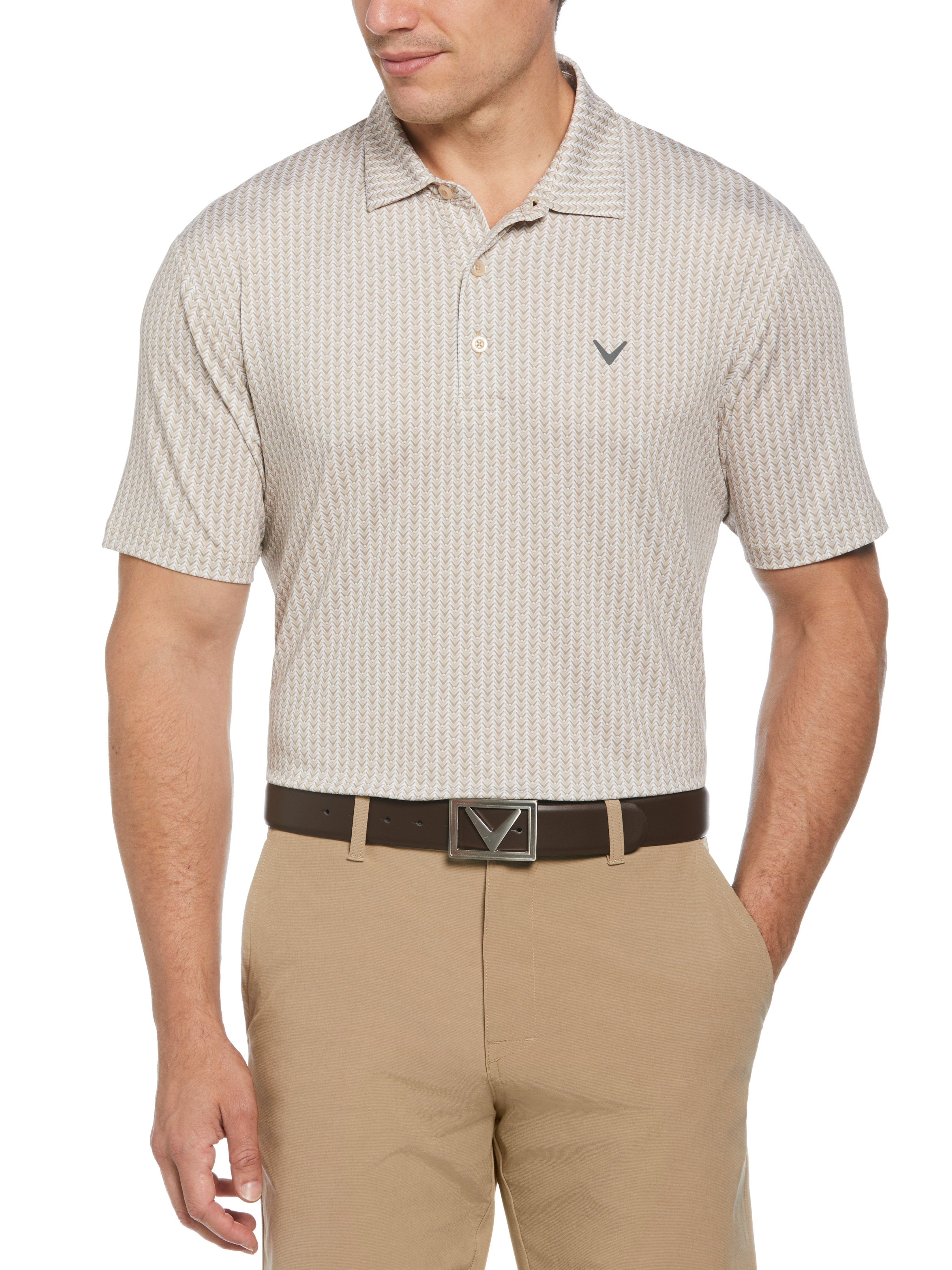 Men's Herringbone Print Polo Shirt - Casual Slim Fit Short Sleeve Button Down for Work & Outdoor Activities