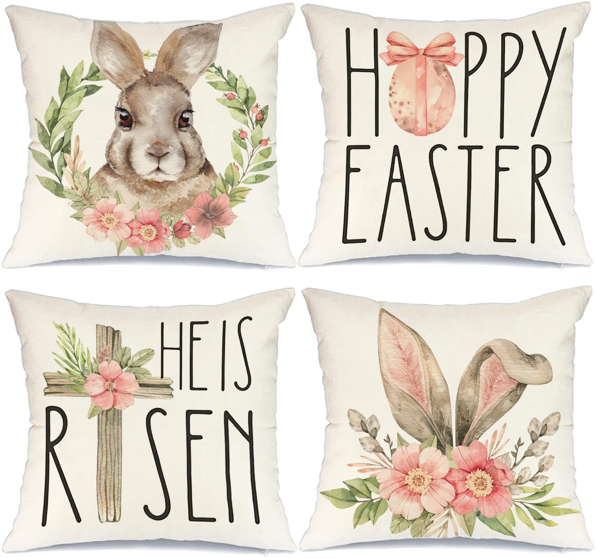 Easter Pillow Covers 16x16 Inch Set of 4 - Bunny Rabbit Home Decor Throw Pillow Covers for Sofa, Bed, Couch - Spring Holiday Decorative Accent Pillows