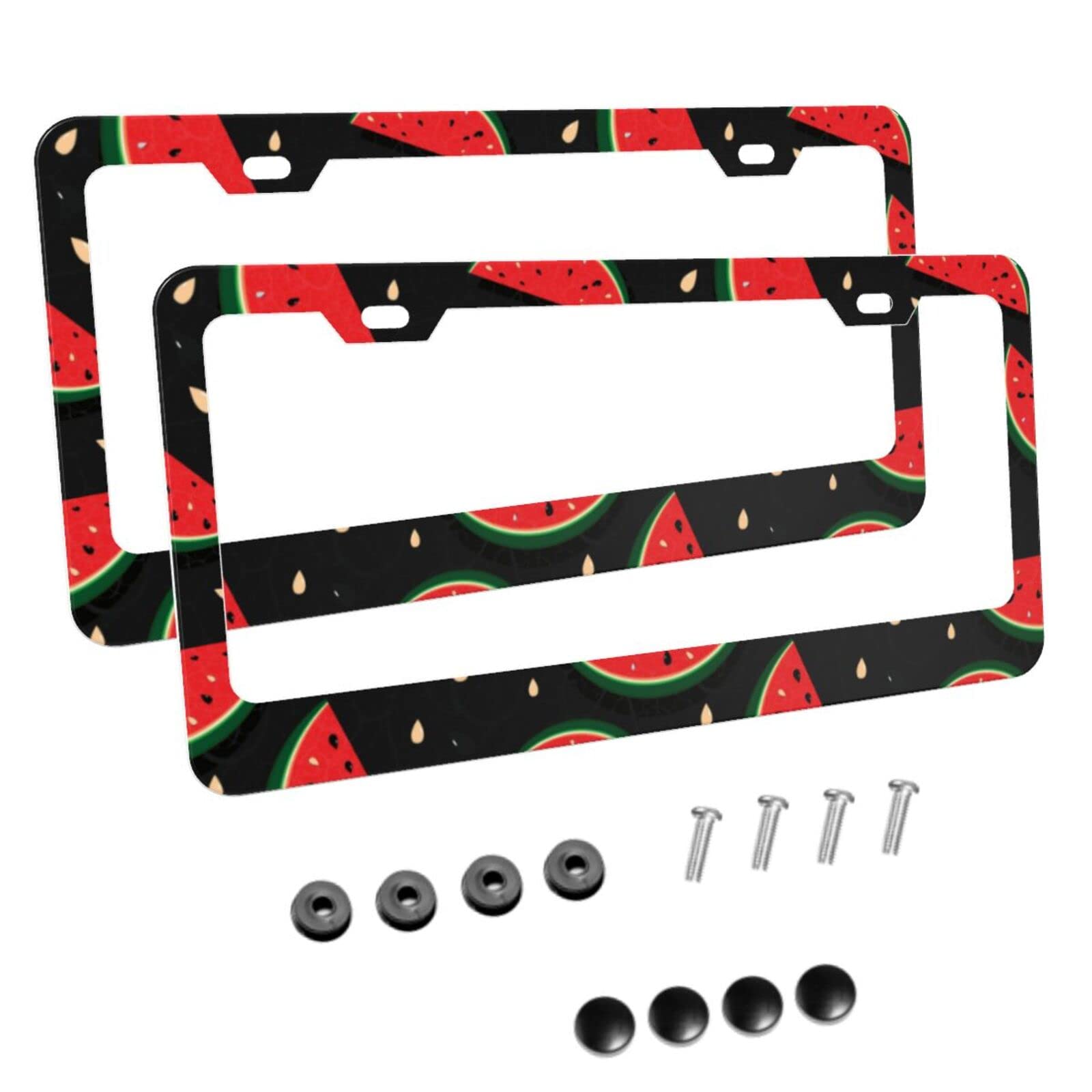 2pcs Matte Aluminum License Plate Frames with Black Screw Caps - Watermelon Fresh Slices Design, 2 Hole US Car License Plate Covers for Men & Women - Perfect for Customizing Your Vehicle's Look