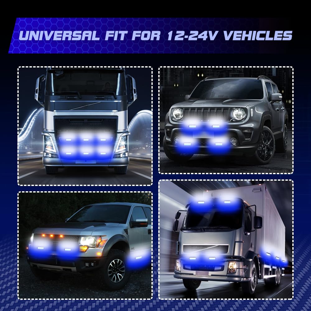 Sidaqi 4PCS 12LED Emergency Strobe Lights - Ultra Slim Surface Mount Flashing Hazard Lights for Vehicles 12-24V (Blue & White) - Perfect for Trucks, Emergency Vehicles & Construction Safety