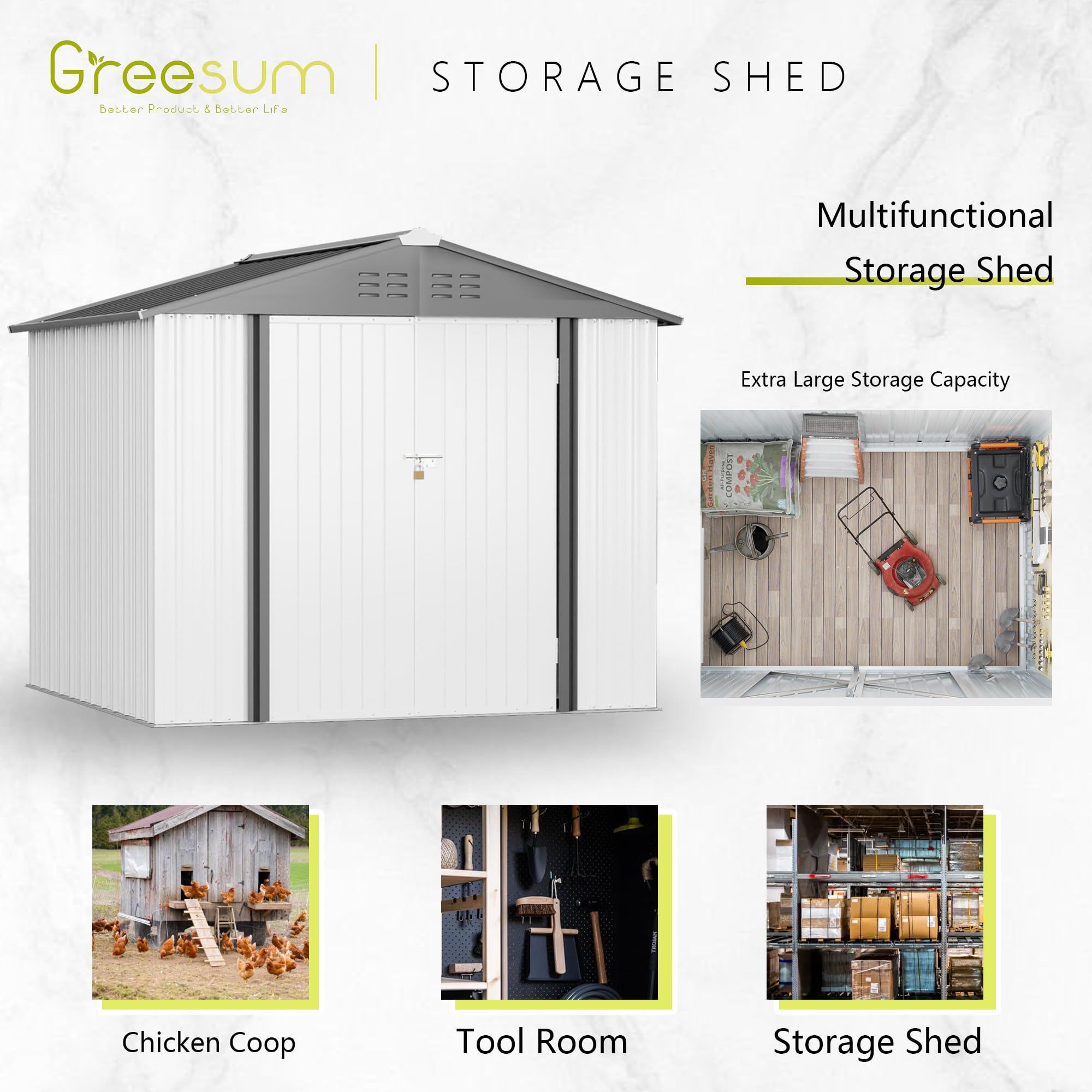 Greesum 8FT x 6FT Metal Outdoor Storage Shed - Heavy Duty Steel Utility Tool Shed with Secure Door Lock - Weather Resistant Garden Shed for Backyard, Patio, Lawn Equipment Storage (White) - Perfect for Storing Lawn Mowers, Gardening Tools & Outdoor Furniture