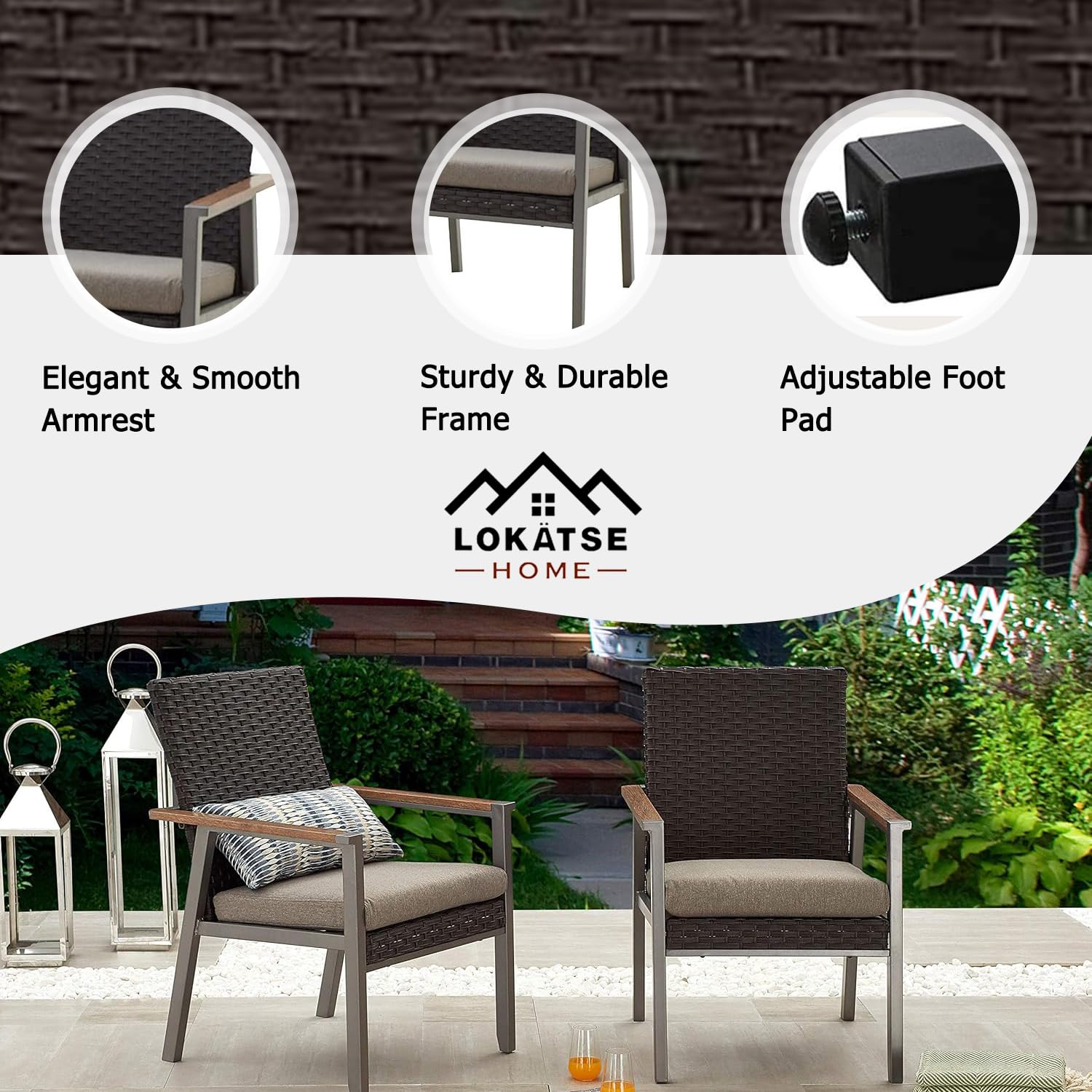 LOKATSE HOME 2-Piece Gray Outdoor Wicker Dining Chair Set - Patio Rattan Furniture with Cushions, Weather-Resistant Metal Armchairs for Garden, Poolside, and Backyard Relaxation