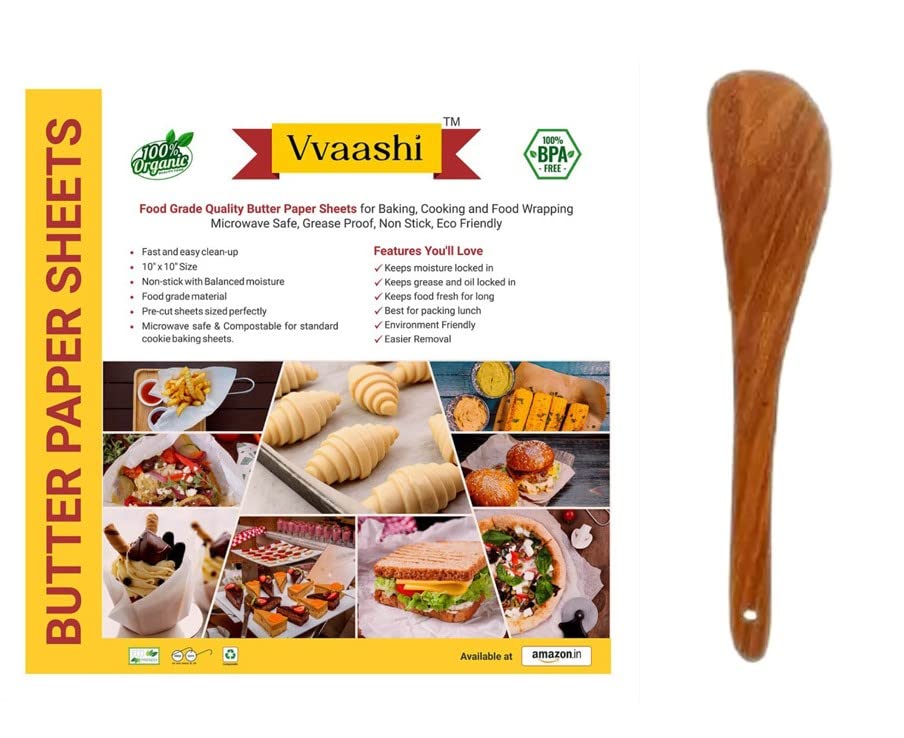 Vvaashi Non-Stick Butter Paper 50 Sheets with Free Wooden Dosa Palta - 10x10 Inch Baking Paper for Cooking, Roti Wrapping, Grilling, Steaming & Frying - Perfect for Indian Breads, Dosa, Paratha & Baking Needs