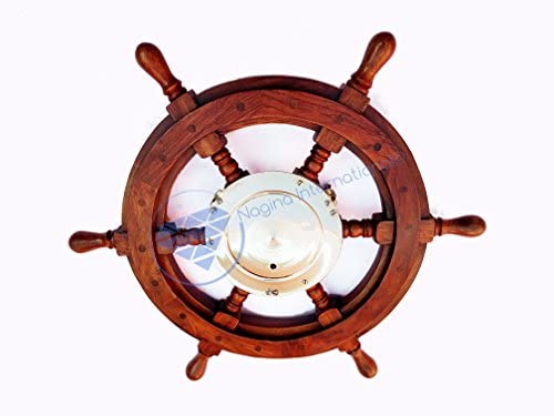 Vintage Nautical Ship Wheel Wall Clock with Brass Porthole - 24 Inch Pirate Themed Quartz Clock for Home Decor - Perfect for Coastal, Beach House or Man Cave Decor - Unique Wall Hanging Gift Idea by Nagina International