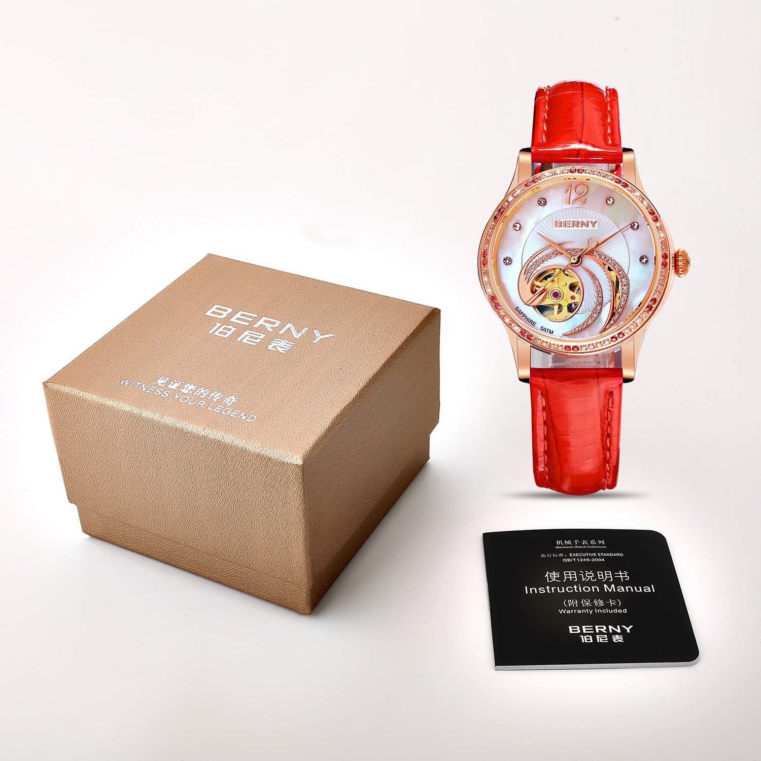 BERNY 18K Gold Women's Automatic Watch - Phoenix Series Small Dial Luxury Wristwatch (Red) | Elegant Dress Watch for Business, Party & Special Occasions