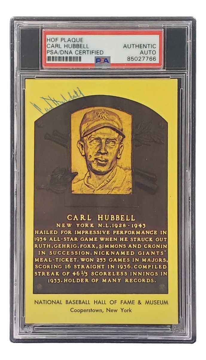 Carl Hubbell Autographed 4x6 New York Giants Hall of Fame Plaque Card with PSA/DNA Certification #85027766 - Perfect for Baseball Memorabilia Collectors and Sports Fans Display