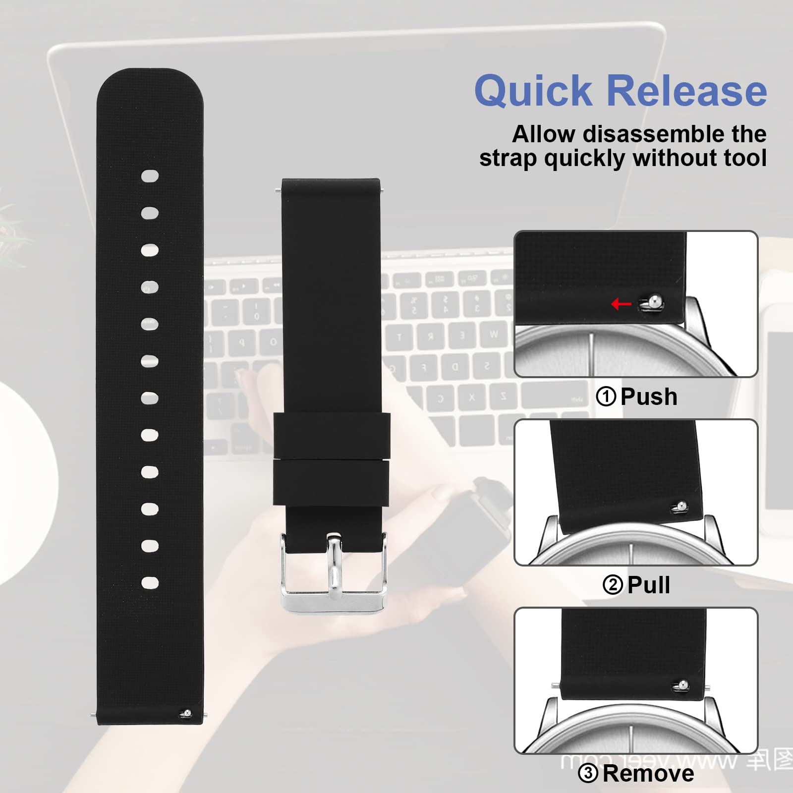 Cobee Silicone Watch Bands - Quick Release Waterproof Soft Rubber Replacement Straps with Silver Plated Stainless Steel Buckle, Sport Watchbands for Men & Women - Perfect for Running, Swimming & Gym Workouts