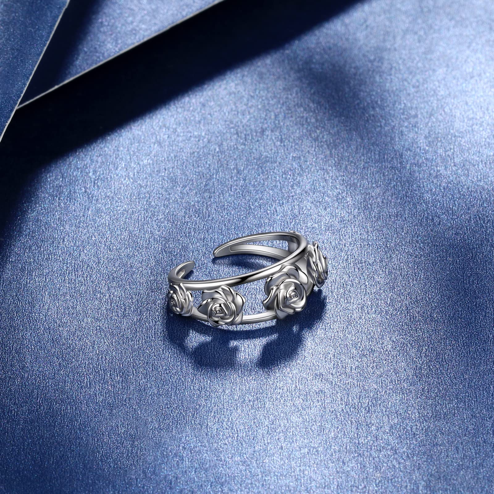 Beautlace Adjustable Rose Flower Ring - Silver & Black Gun Plated Open Band, Elegant Wedding & Engagement Jewelry Gift for Women - Perfect for Valentine's Day, Anniversary & Romantic Occasions