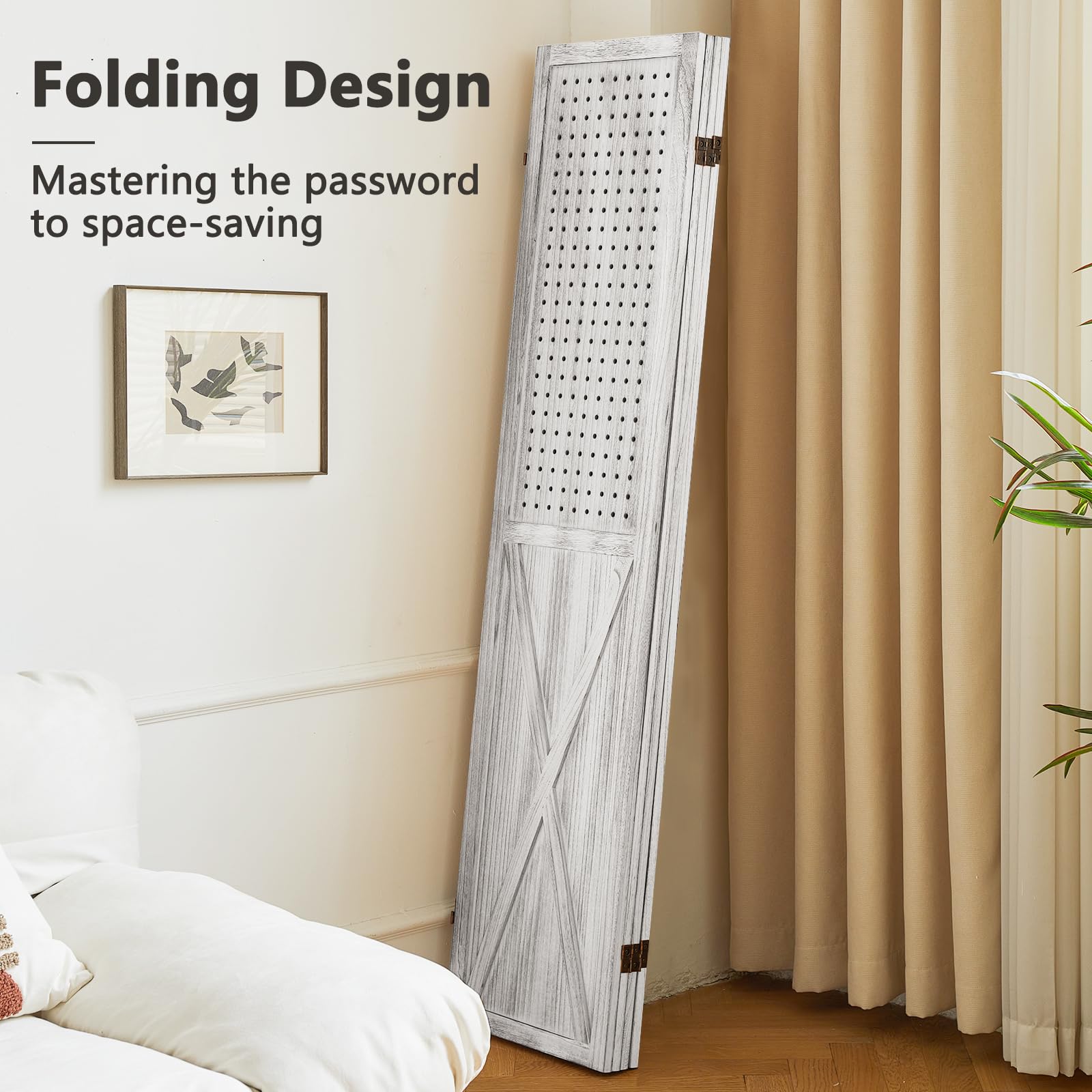 4 Panel Wooden Room Divider Screen - 5.6Ft Folding Privacy Partition with Pegboard Display | Freestanding Trade Show Booth, Craft Fair Display & Home Wall Organizer | Perfect for Room Separation, Retail Displays & Home Decor (Retro White)