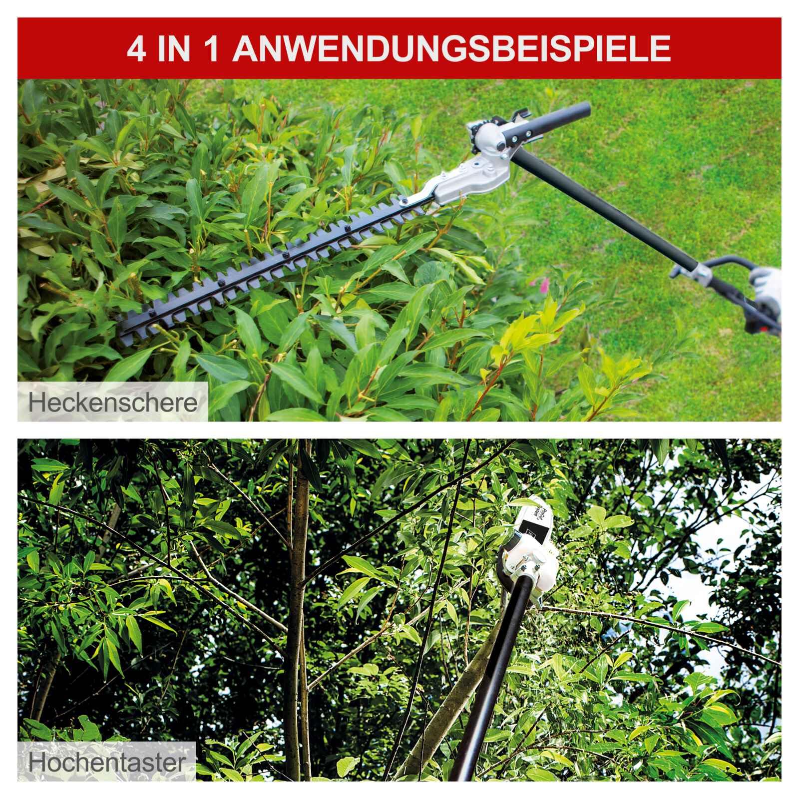 Scheppach MFH5200-4P 1.8HP 4-in-1 Gas Power Multi-Tool for Gardening - Grass Trimmer, Hedge Trimmer, Pole Saw, Chainsaw with 250mm Blade/Chain, Pivoting Head & Quick Change System - Perfect for Lawn Care, Landscaping & Yard Maintenance
