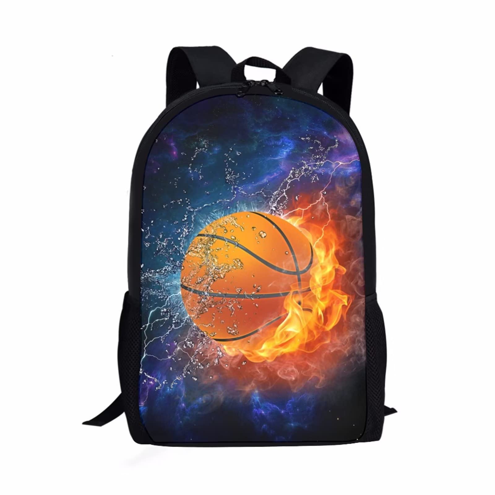Freewander Classic 17 Inch Large Capacity School Backpack for Middle & College Students - Side Water Bottle Pocket, Cool Lightning Flame Basketball Print - Perfect for School, Travel & Sports