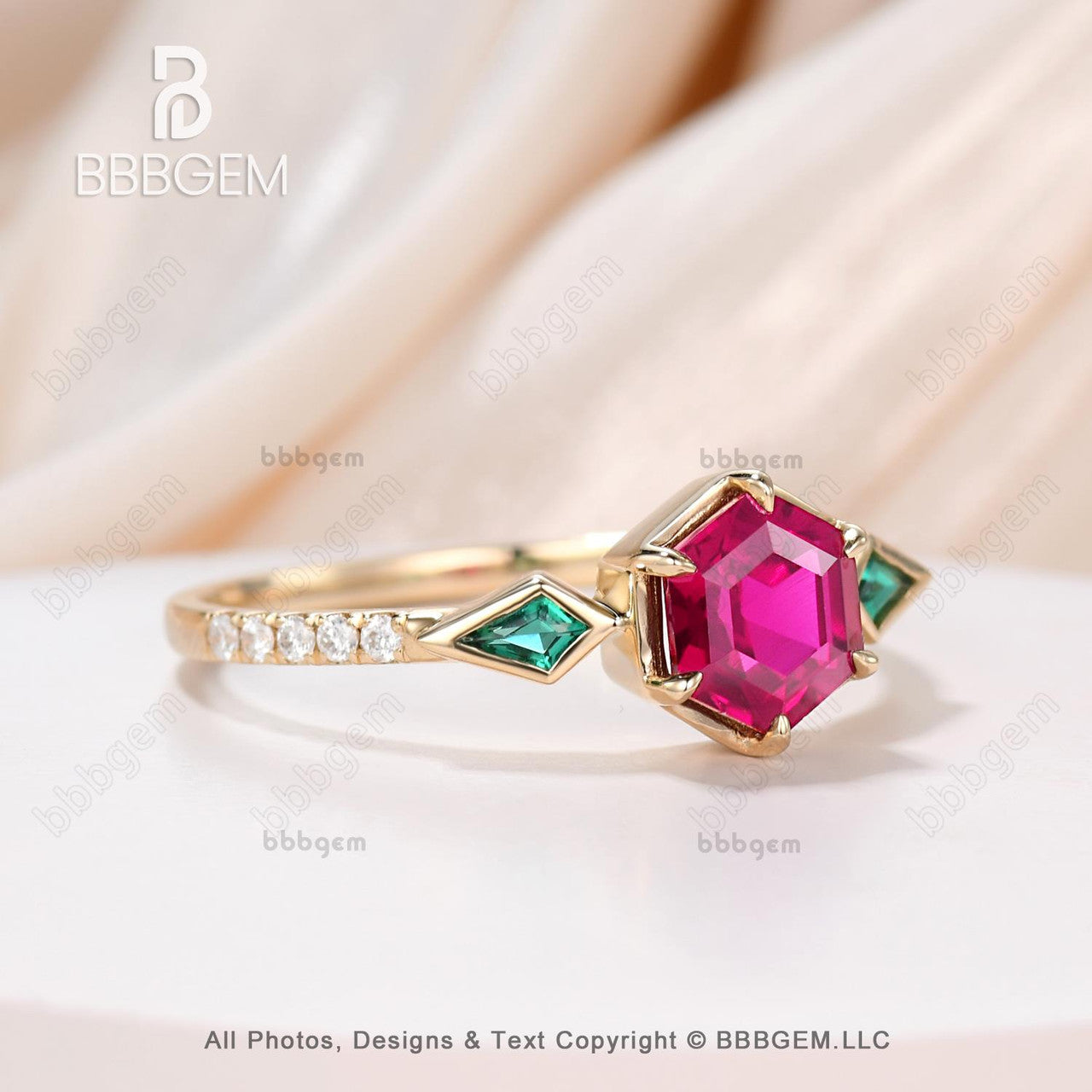 Vintage Hexagon Lab Ruby & Emerald Engagement Ring for Women - Silver 3 Stone Kite Cut Side Stones, Perfect for Weddings, Anniversaries & Special Occasions
